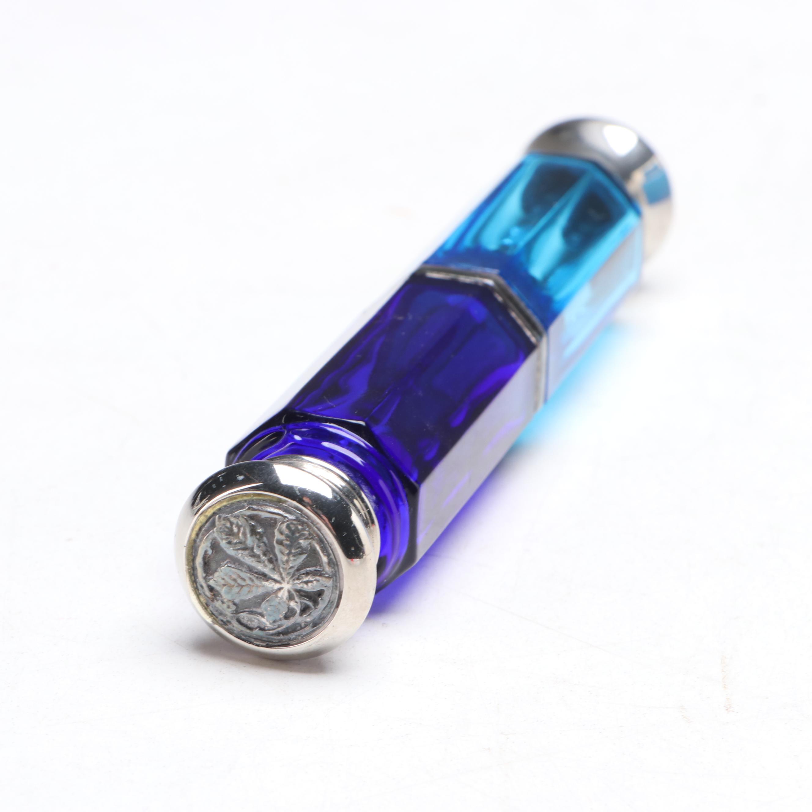 Blue Opaline Glass Perfume Bottle with Victorian Double-Ended Scent Bottle