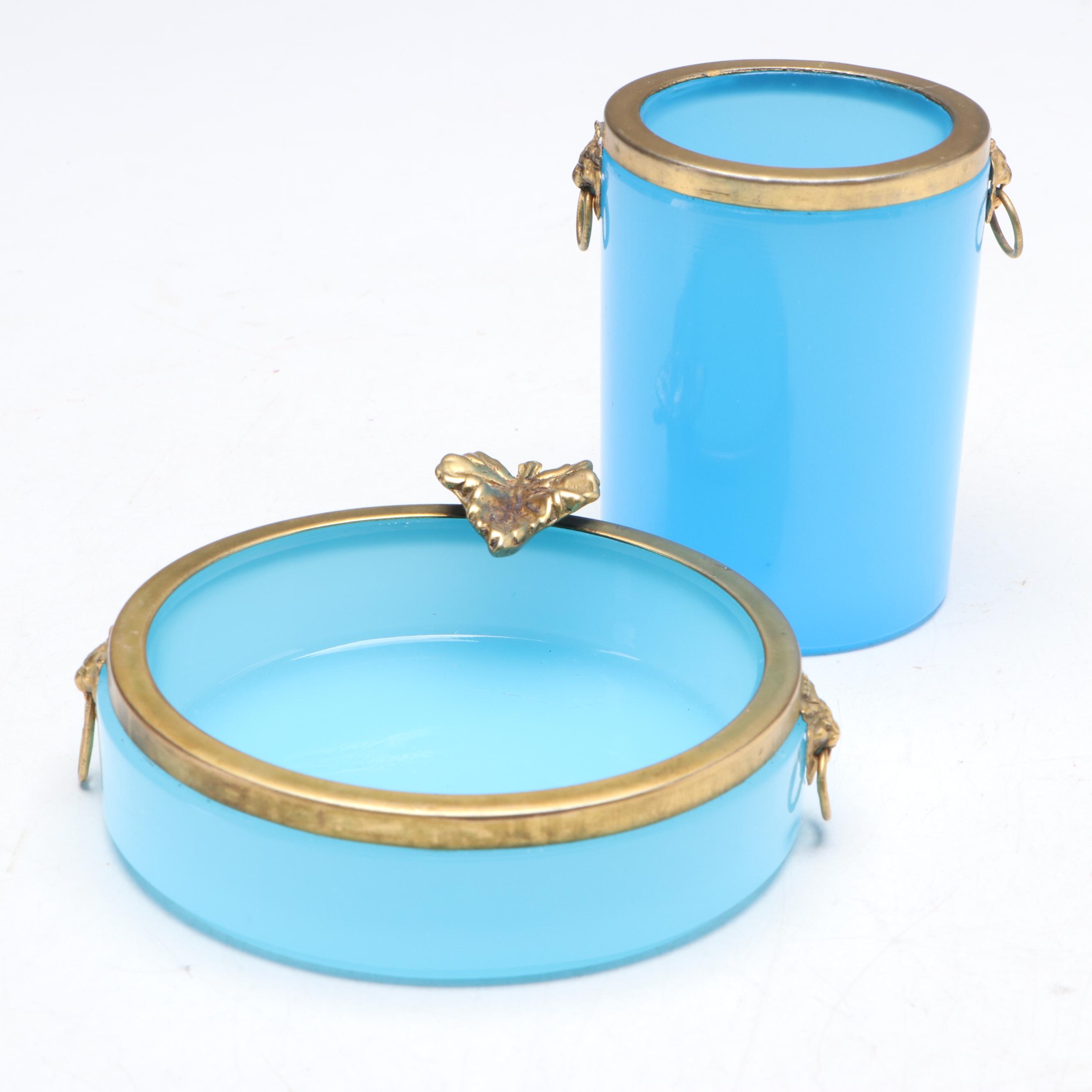 French Style Opaline Glass and Gilt Metal Ashtray with Cigarette Holder