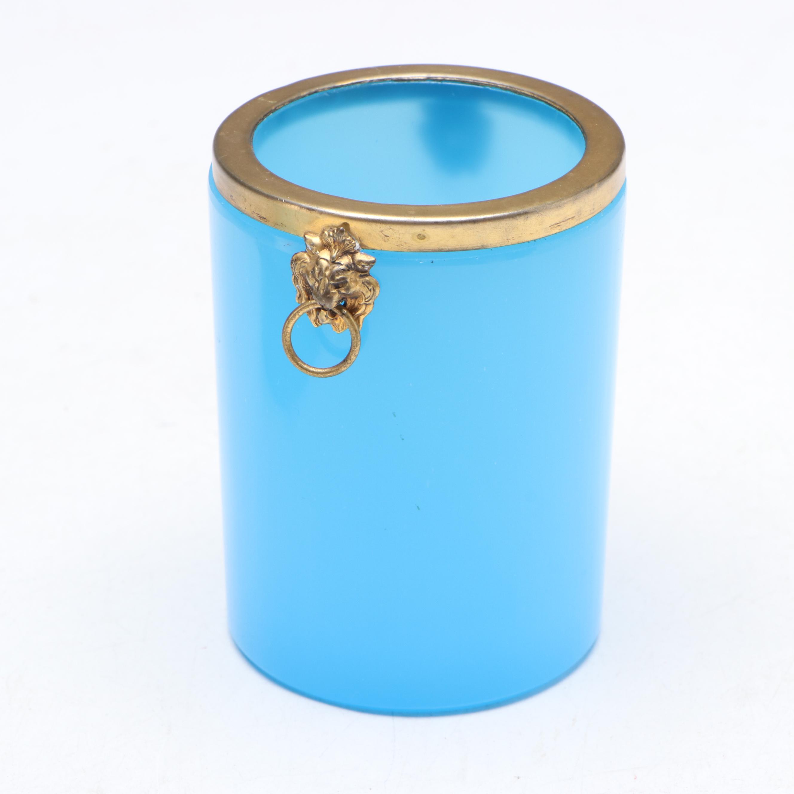 French Style Opaline Glass and Gilt Metal Ashtray with Cigarette Holder
