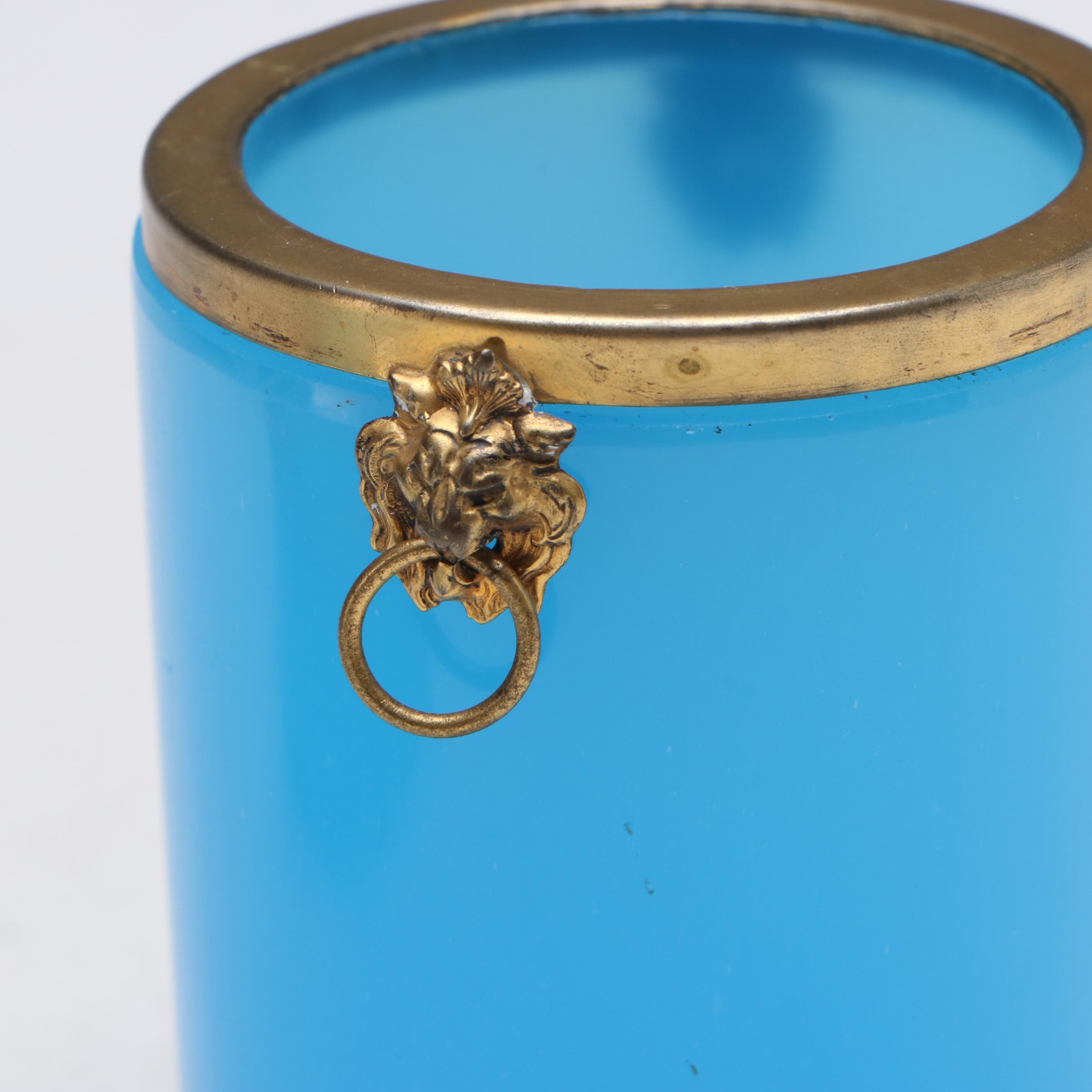 French Style Opaline Glass and Gilt Metal Ashtray with Cigarette Holder