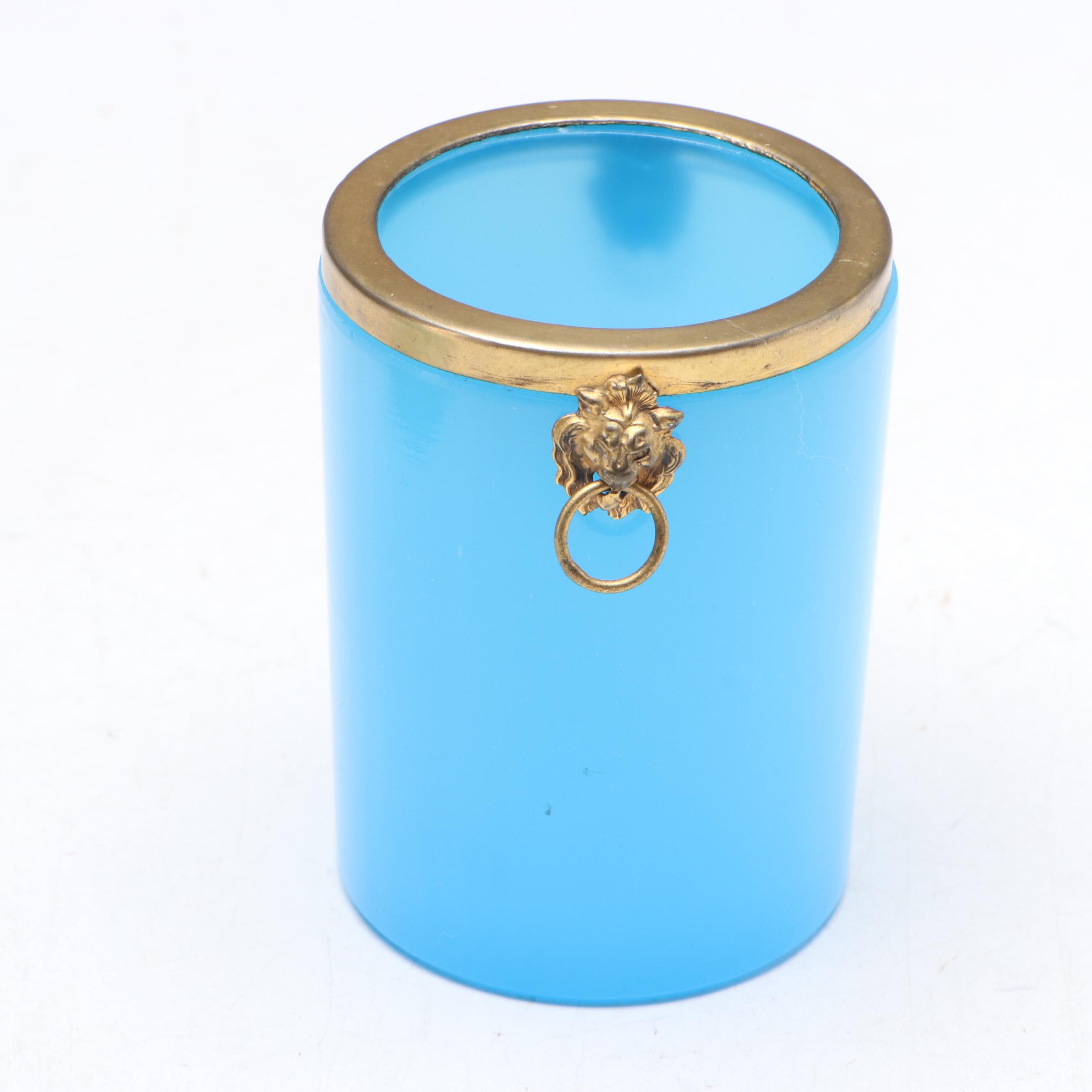 French Style Opaline Glass and Gilt Metal Ashtray with Cigarette Holder