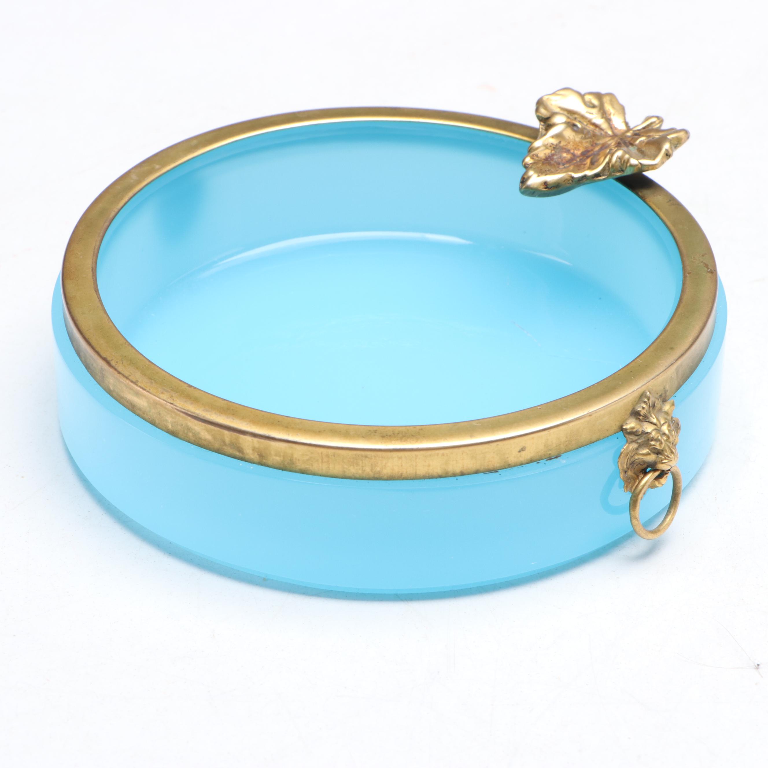 French Style Opaline Glass and Gilt Metal Ashtray with Cigarette Holder