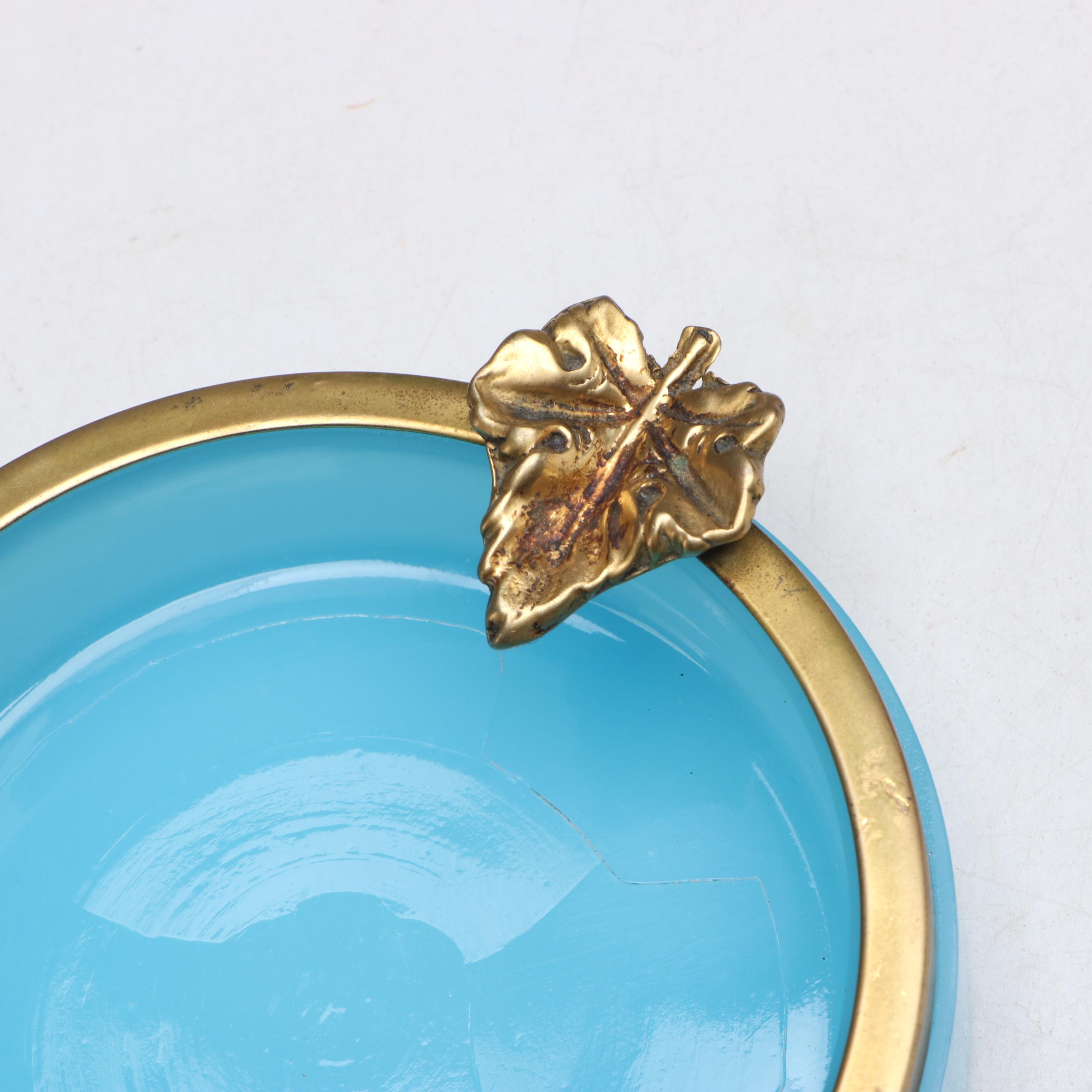 French Style Opaline Glass and Gilt Metal Ashtray with Cigarette Holder