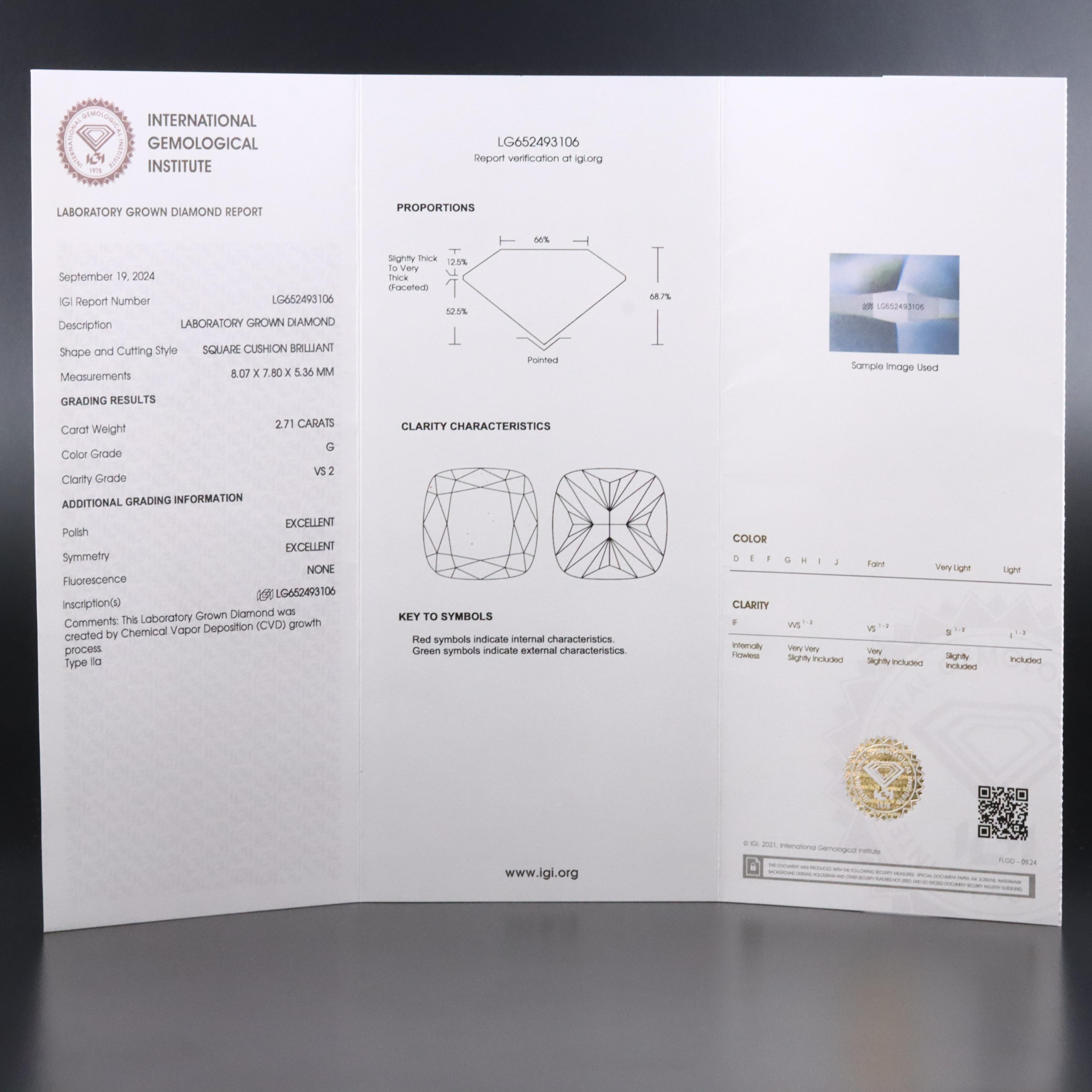 Loose 2.71 CT Lab Grown Diamond with IGI Report