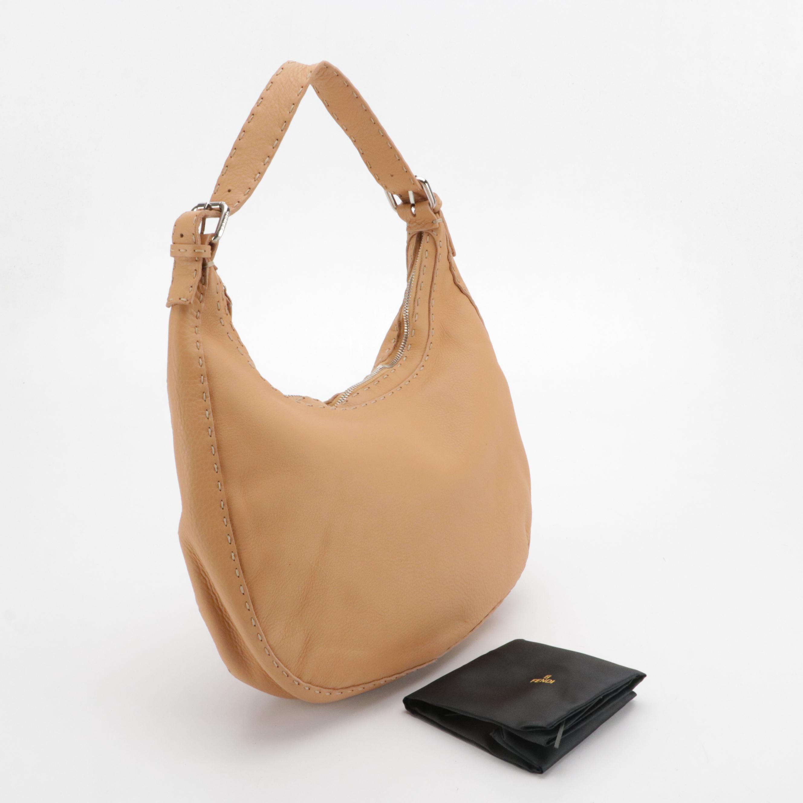 Fendi Selleria Tan Calfskin Leather Hobo Bag with Contrast Running Stitch