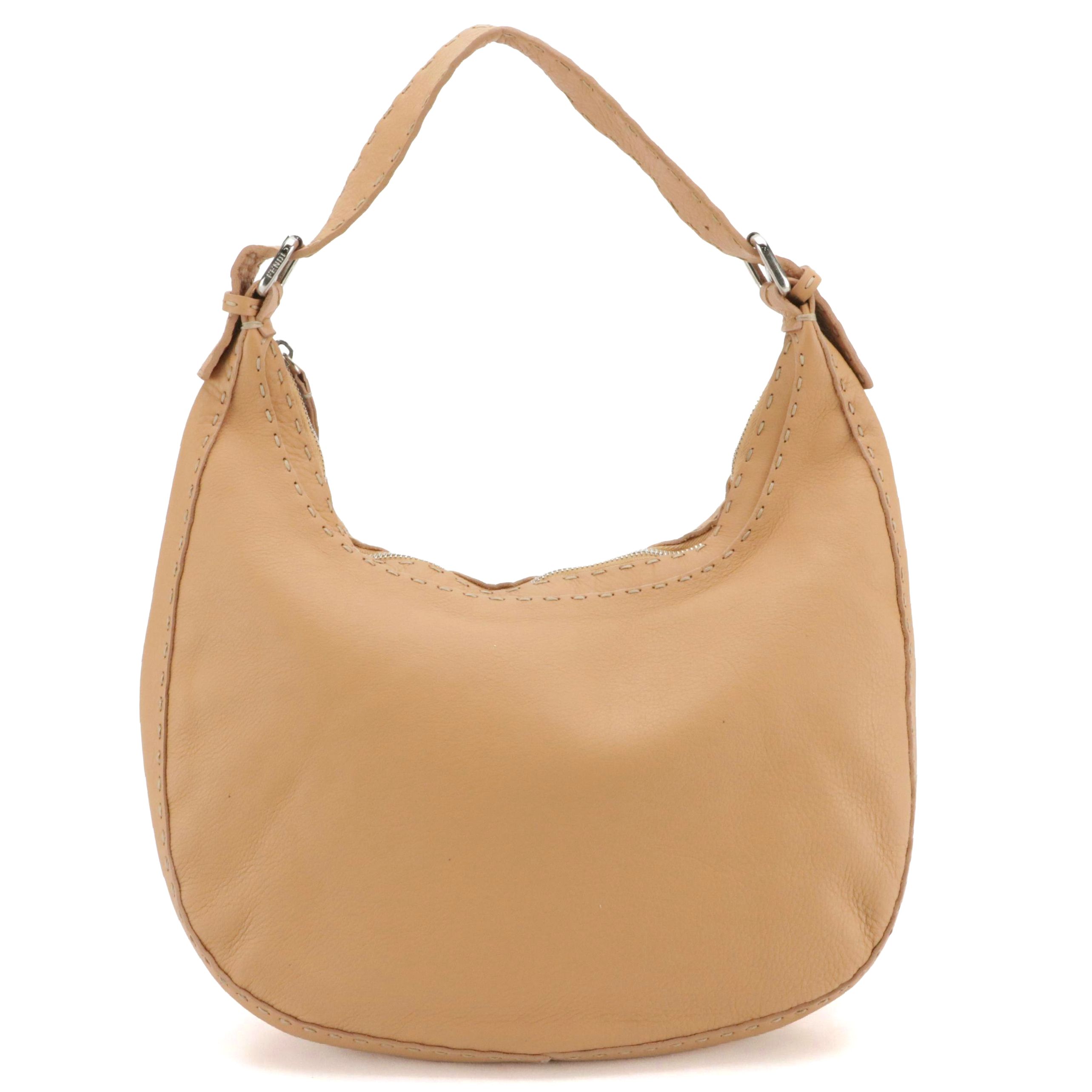 Fendi Selleria Tan Calfskin Leather Hobo Bag with Contrast Running Stitch
