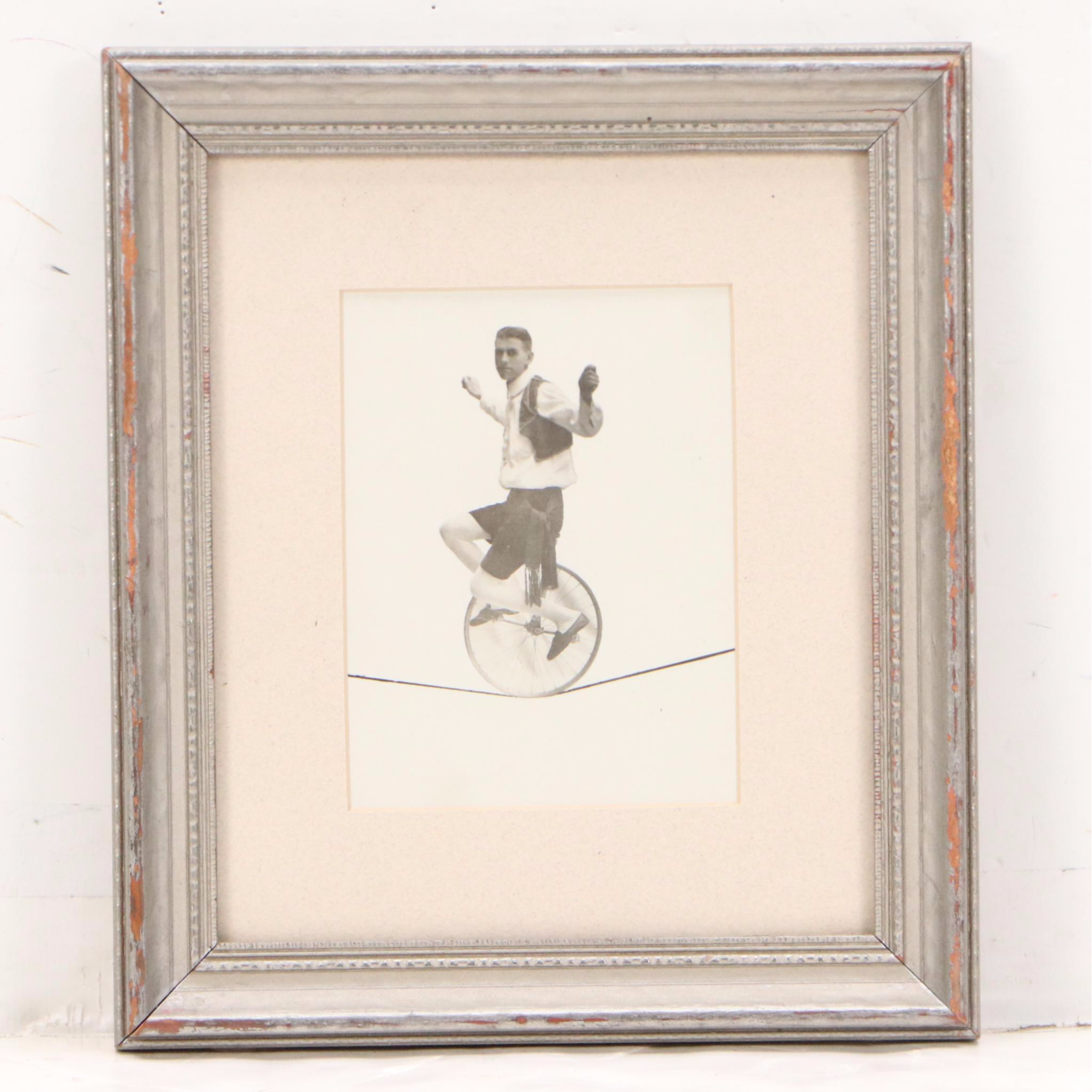 Silver Prints of Unicyclist on Tightrope and on Bicycle, Circa 1900