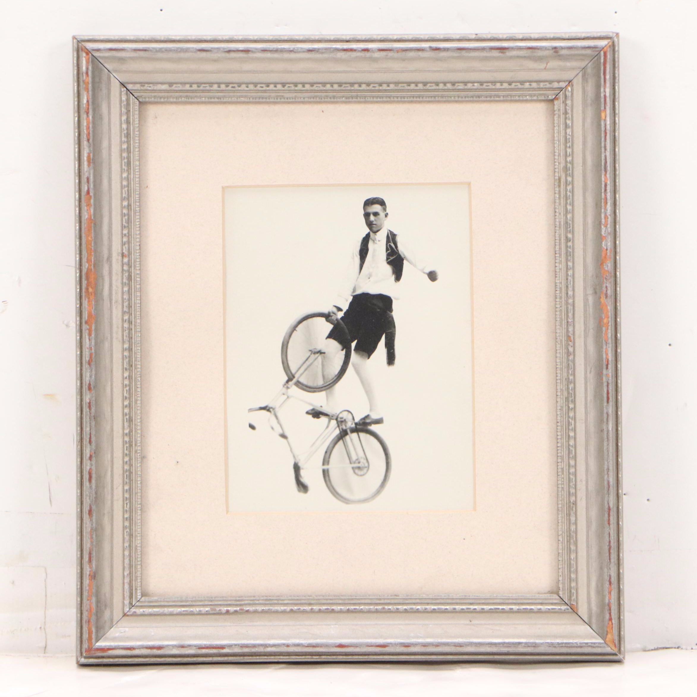 Silver Prints of Unicyclist on Tightrope and on Bicycle, Circa 1900