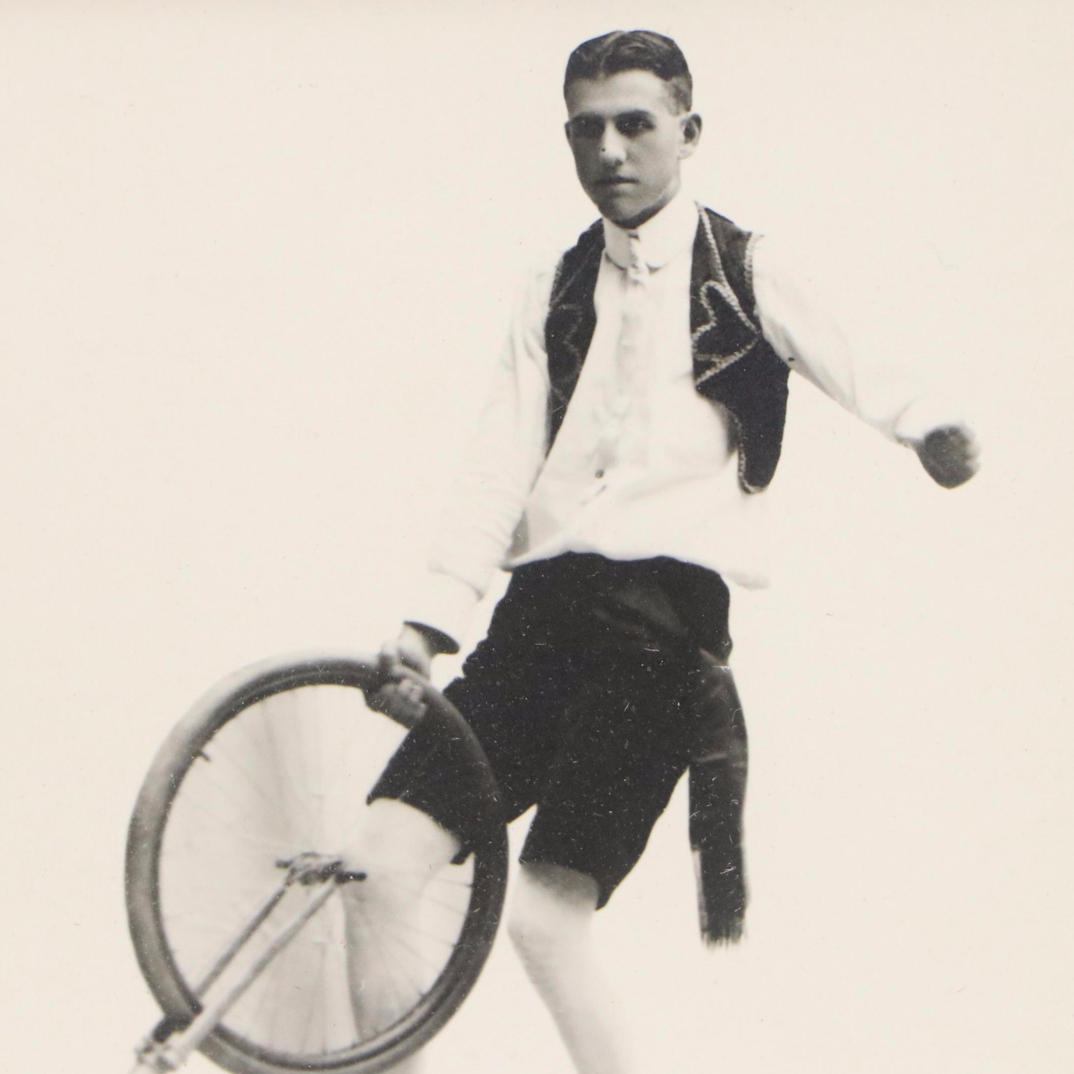 Silver Prints of Unicyclist on Tightrope and on Bicycle, Circa 1900