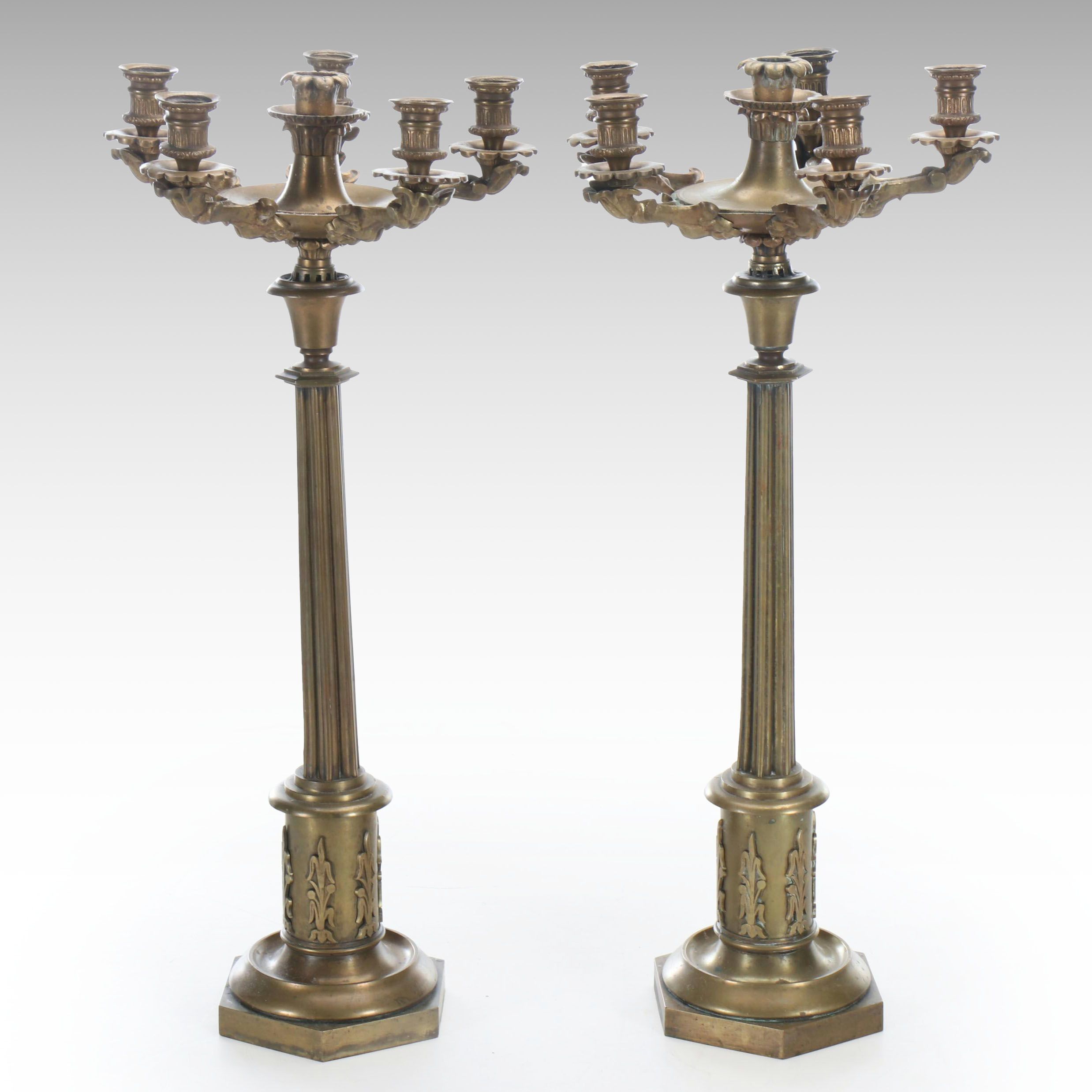 Neoclassical Brass Pillar Candelabra, 19th Century
