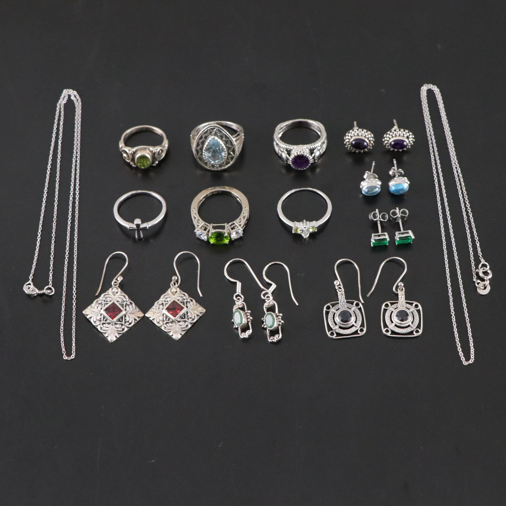 14 Assorted Sterling Silver Rings, Necklaces and Earrings