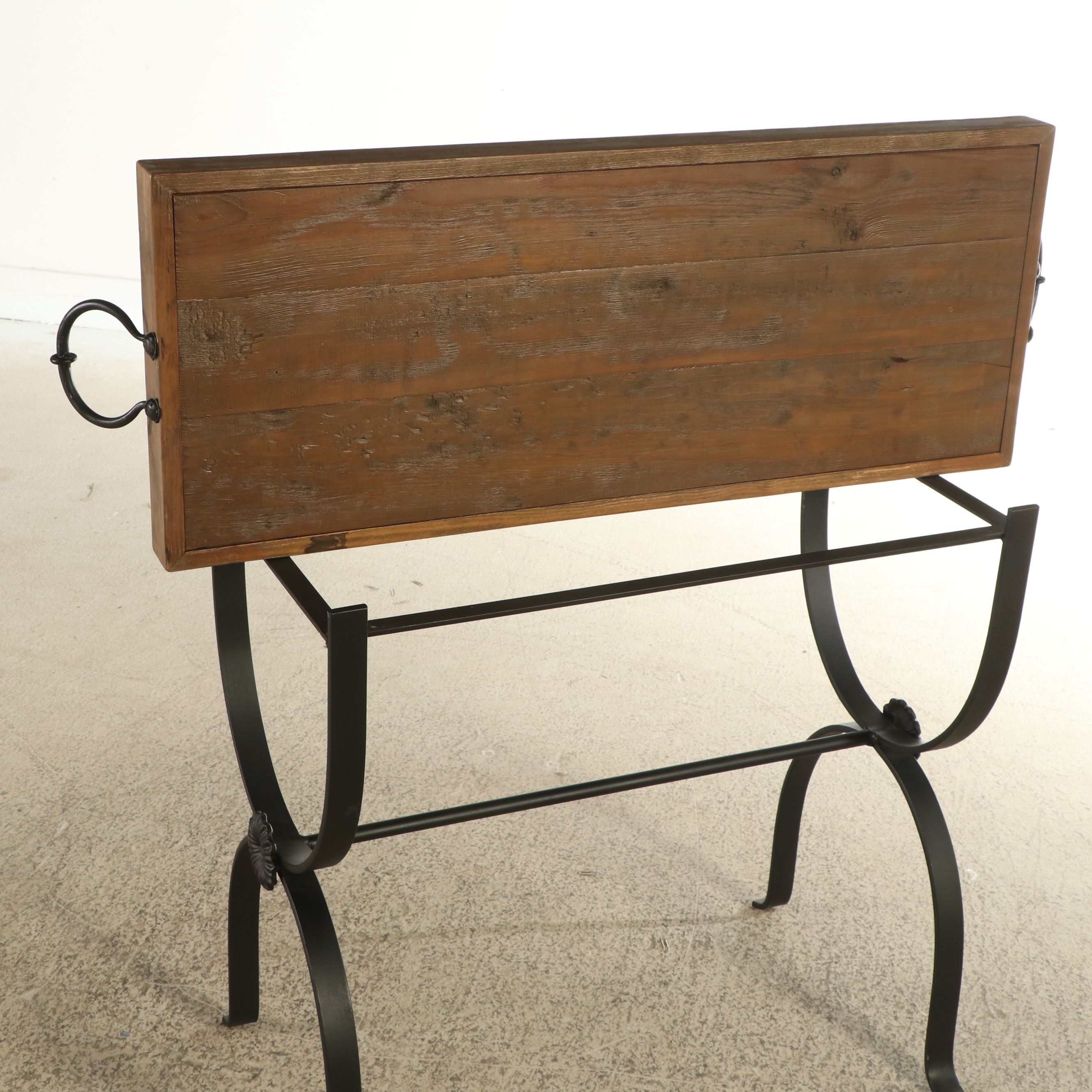 Contemporary Wood Tray Top Metal Curule-Base Table