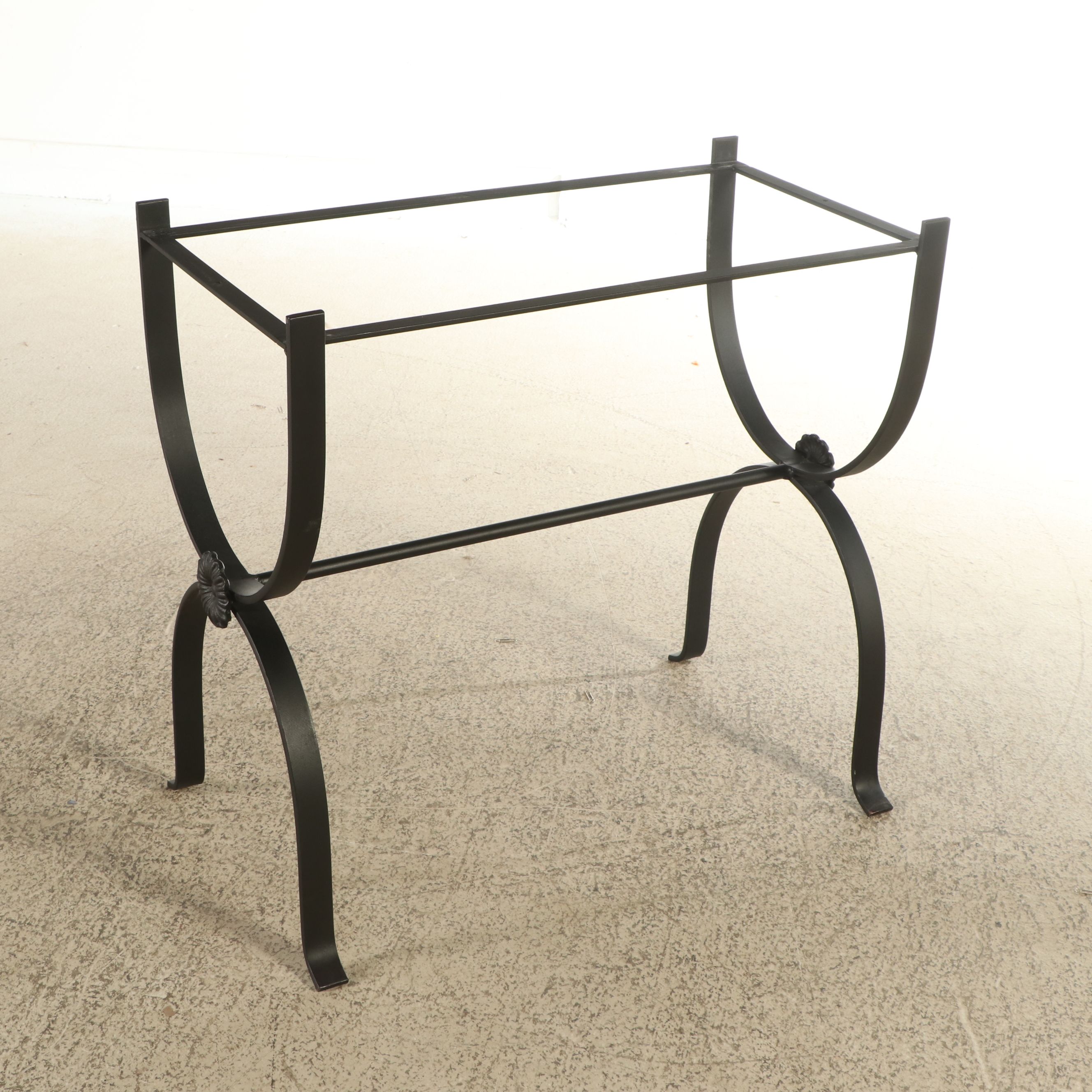 Contemporary Wood Tray Top Metal Curule-Base Table