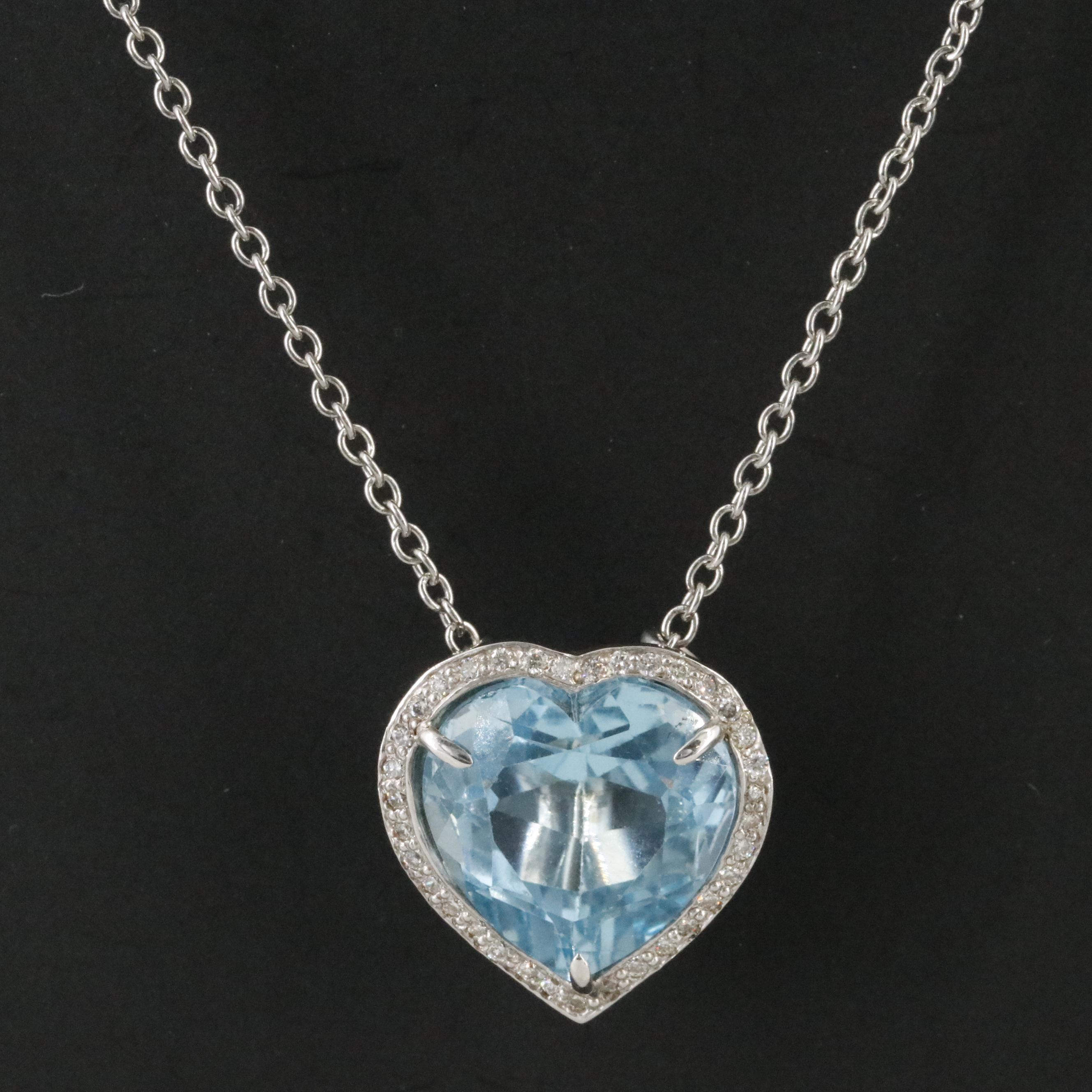 14K Blue Topaz Heart Pendant on Stainless Steel Chain Necklace
