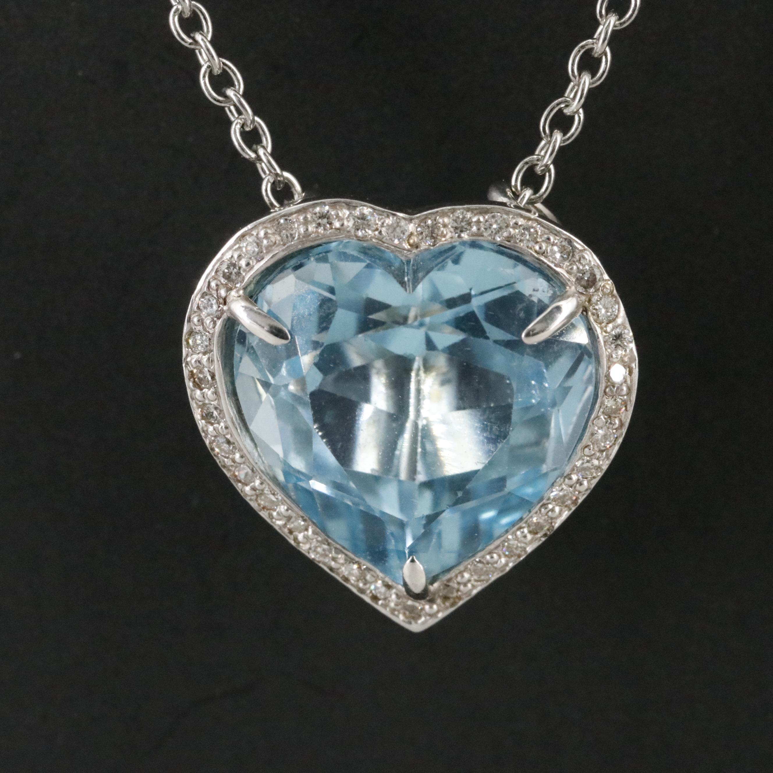 14K Blue Topaz Heart Pendant on Stainless Steel Chain Necklace