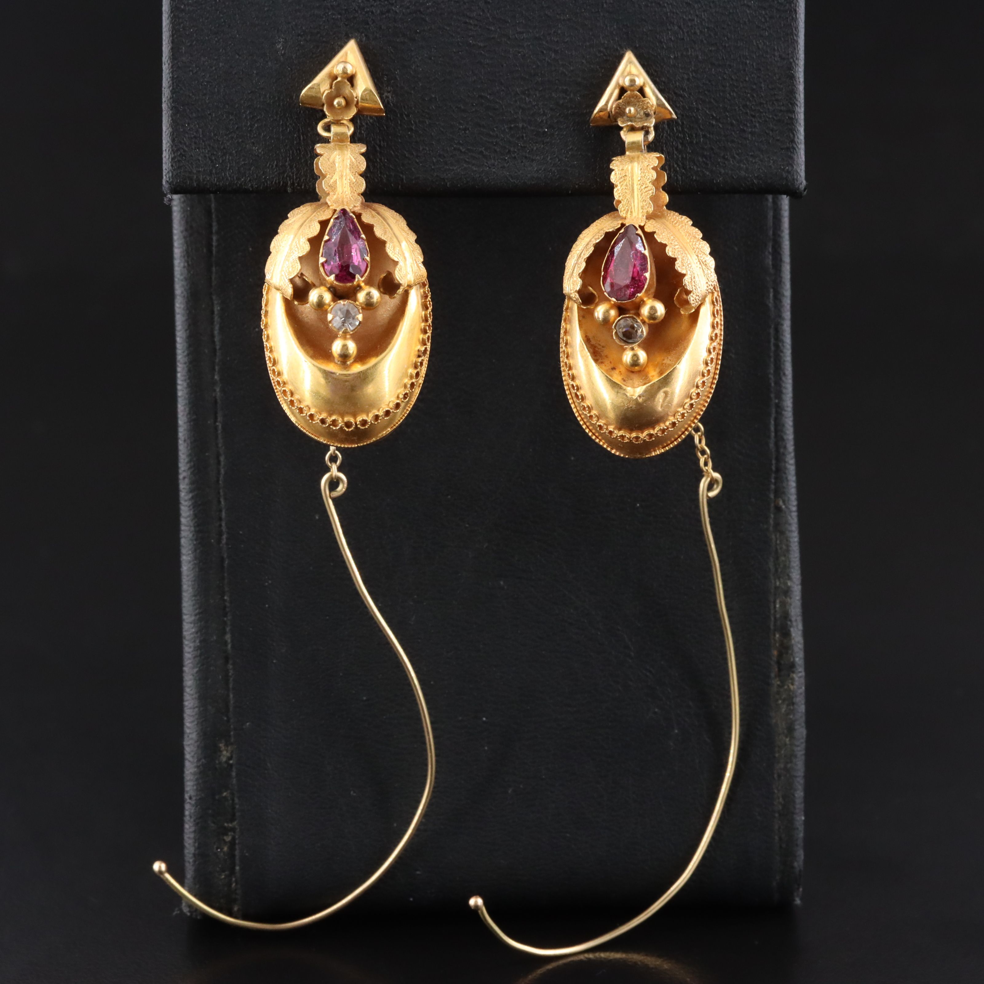 Victorian 14K Rhodolite Garnet and Glass Drop Earrings