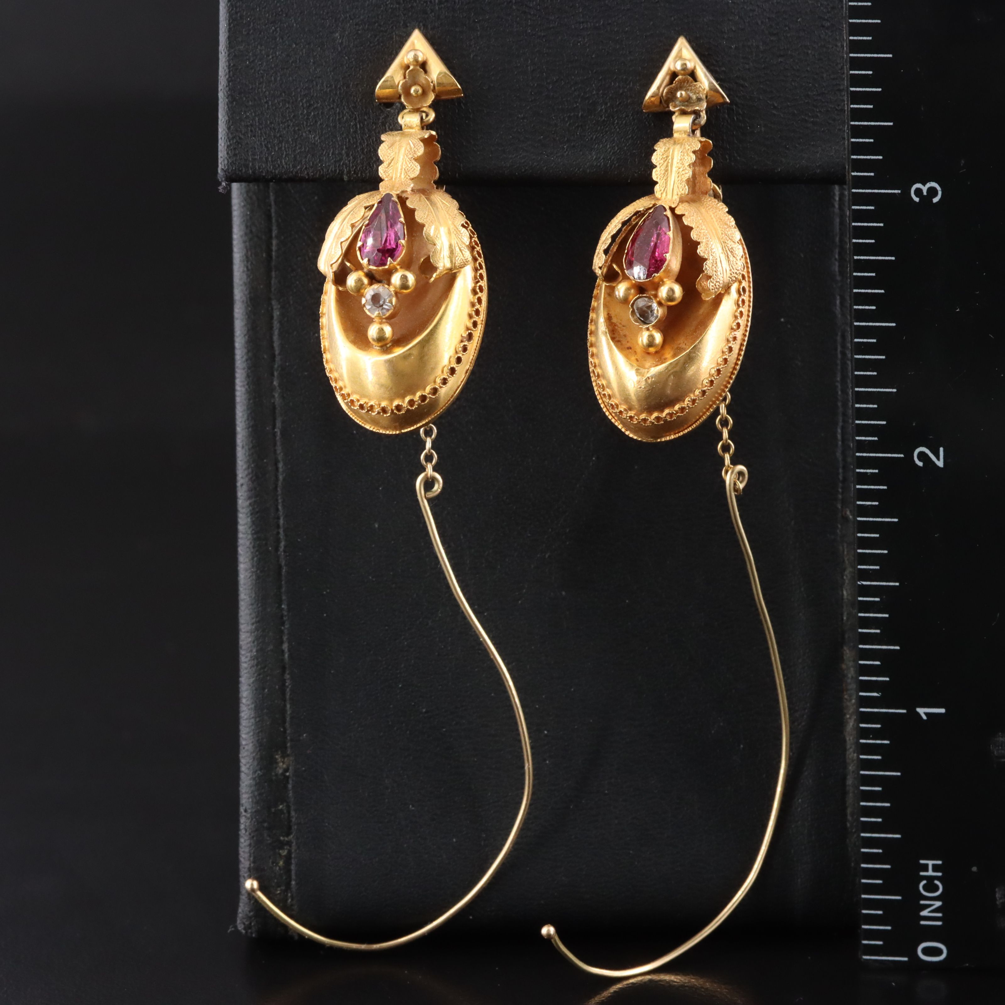 Victorian 14K Rhodolite Garnet and Glass Drop Earrings