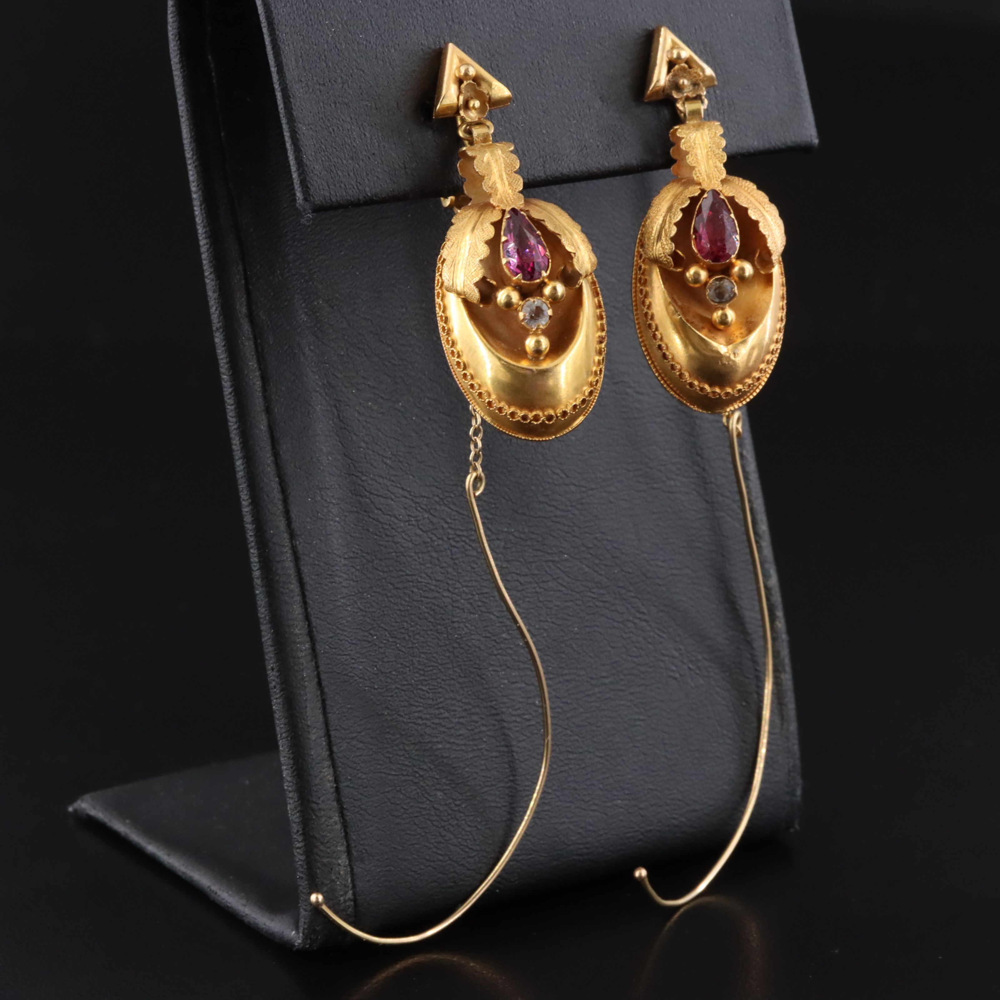 Victorian 14K Rhodolite Garnet and Glass Drop Earrings