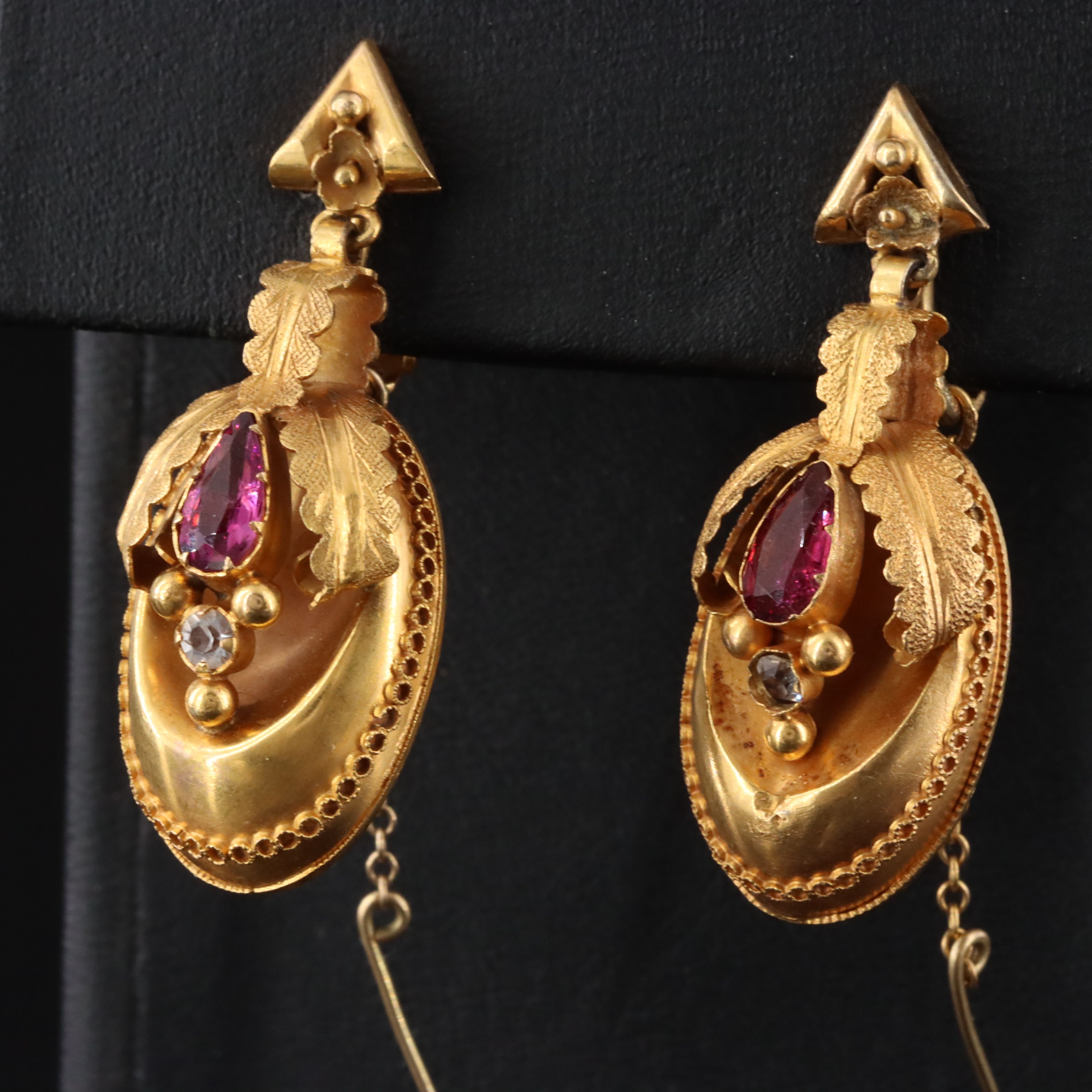 Victorian 14K Rhodolite Garnet and Glass Drop Earrings