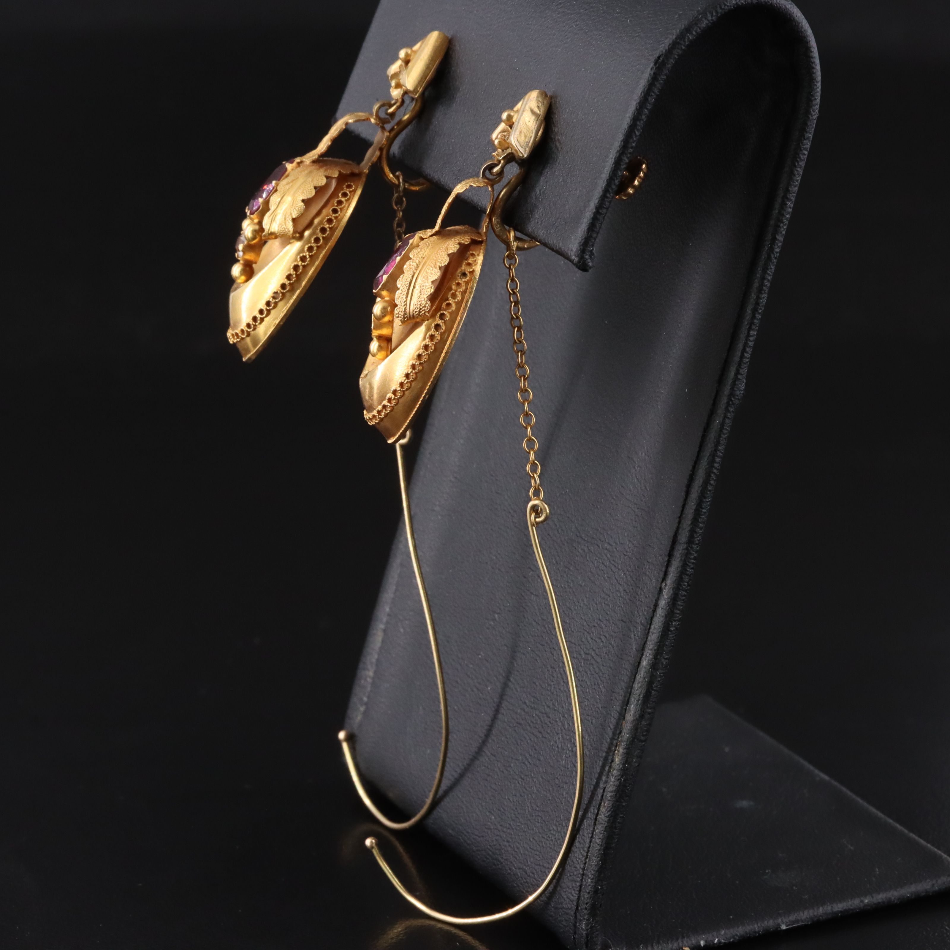 Victorian 14K Rhodolite Garnet and Glass Drop Earrings