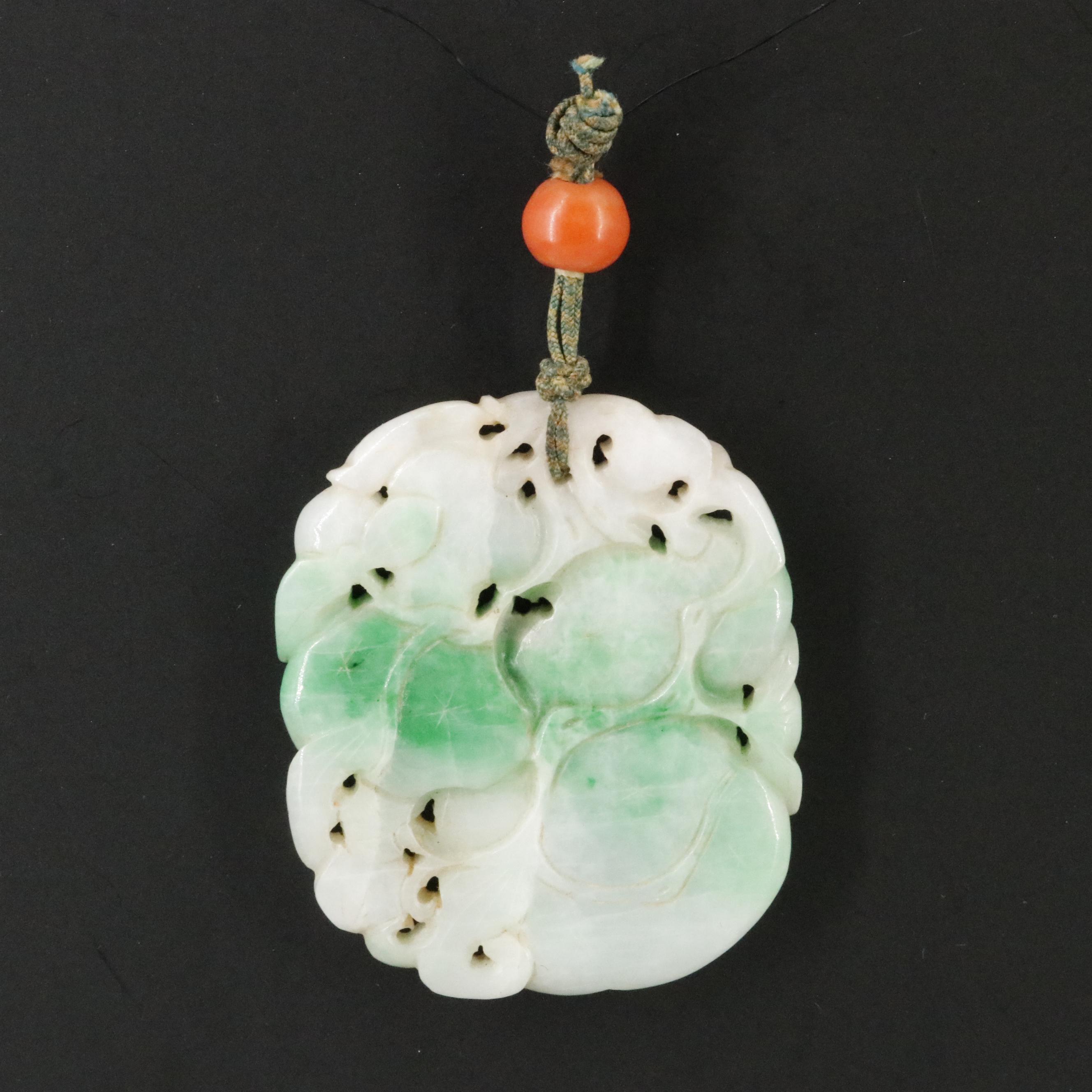 Carved Jadeite and Coral Bead Pendant
