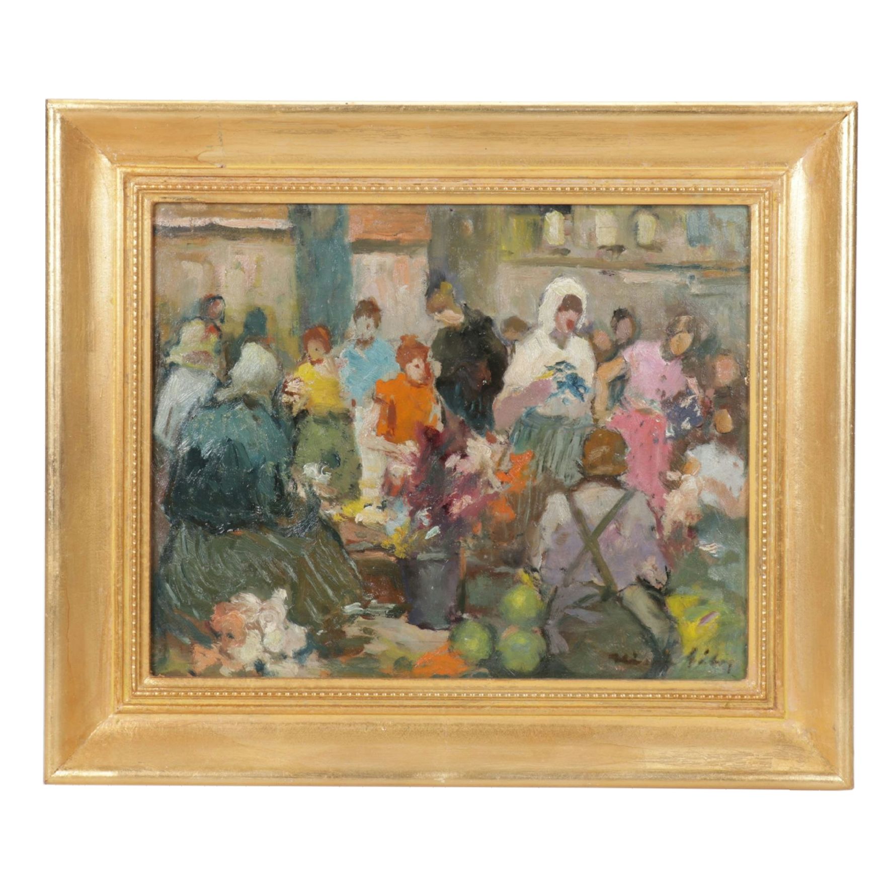 Impressionist Oil Painting Scene of a Crowded Marketplace, Mid-20th Century