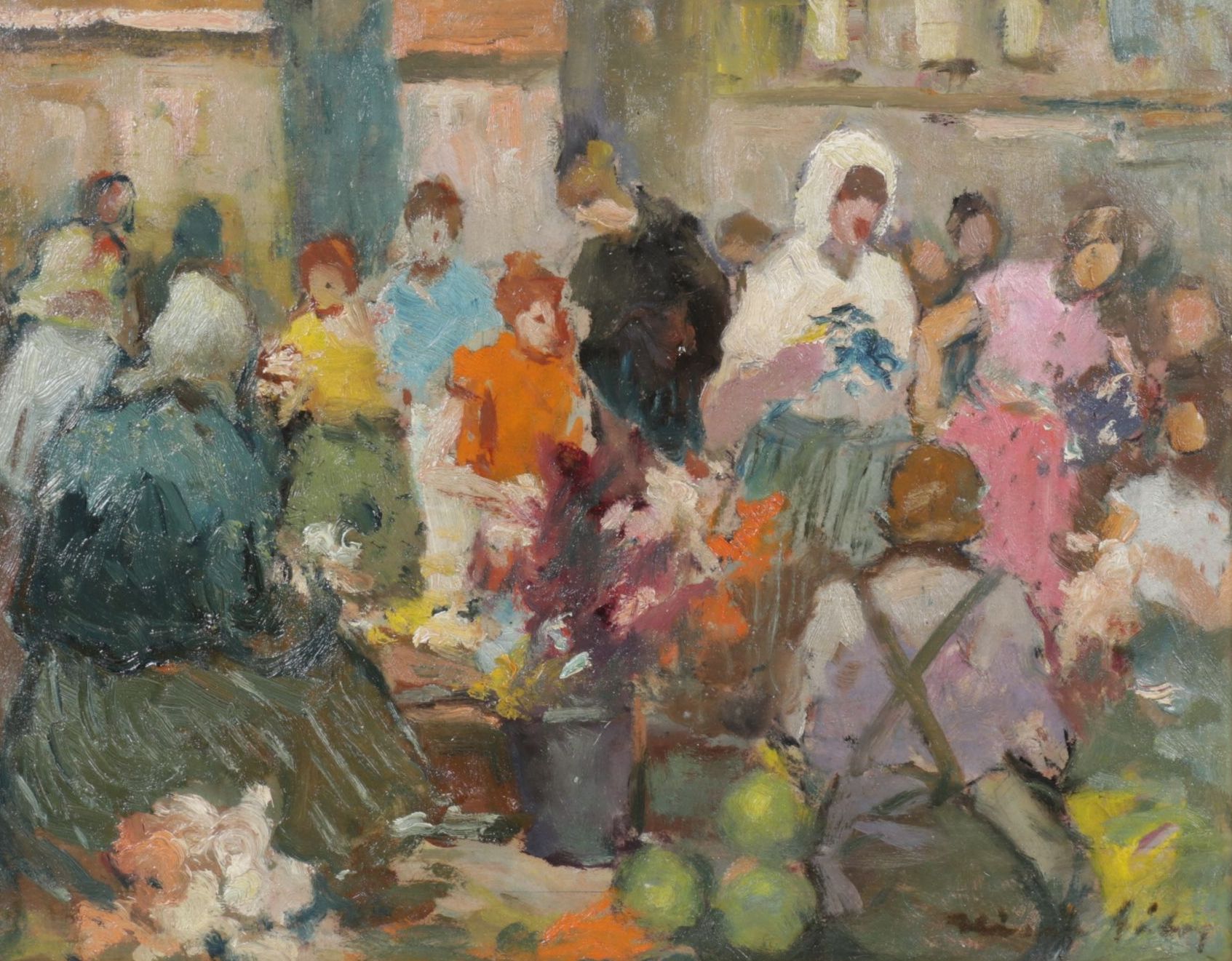 Impressionist Oil Painting Scene of a Crowded Marketplace, Mid-20th Century