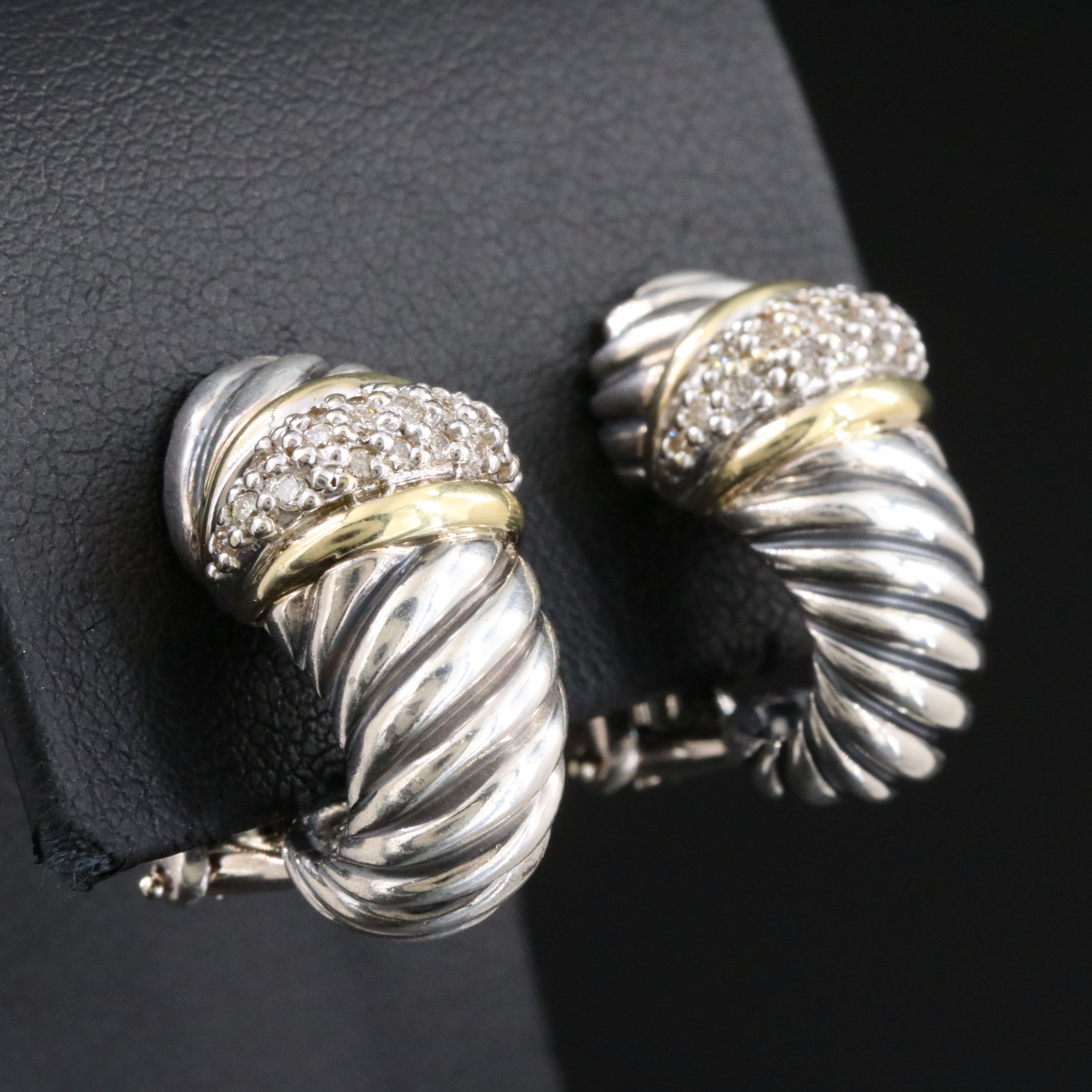 David Yurman Thoroughbred Sterling, 18K and 0.29 CTW Diamond Clip Earrings