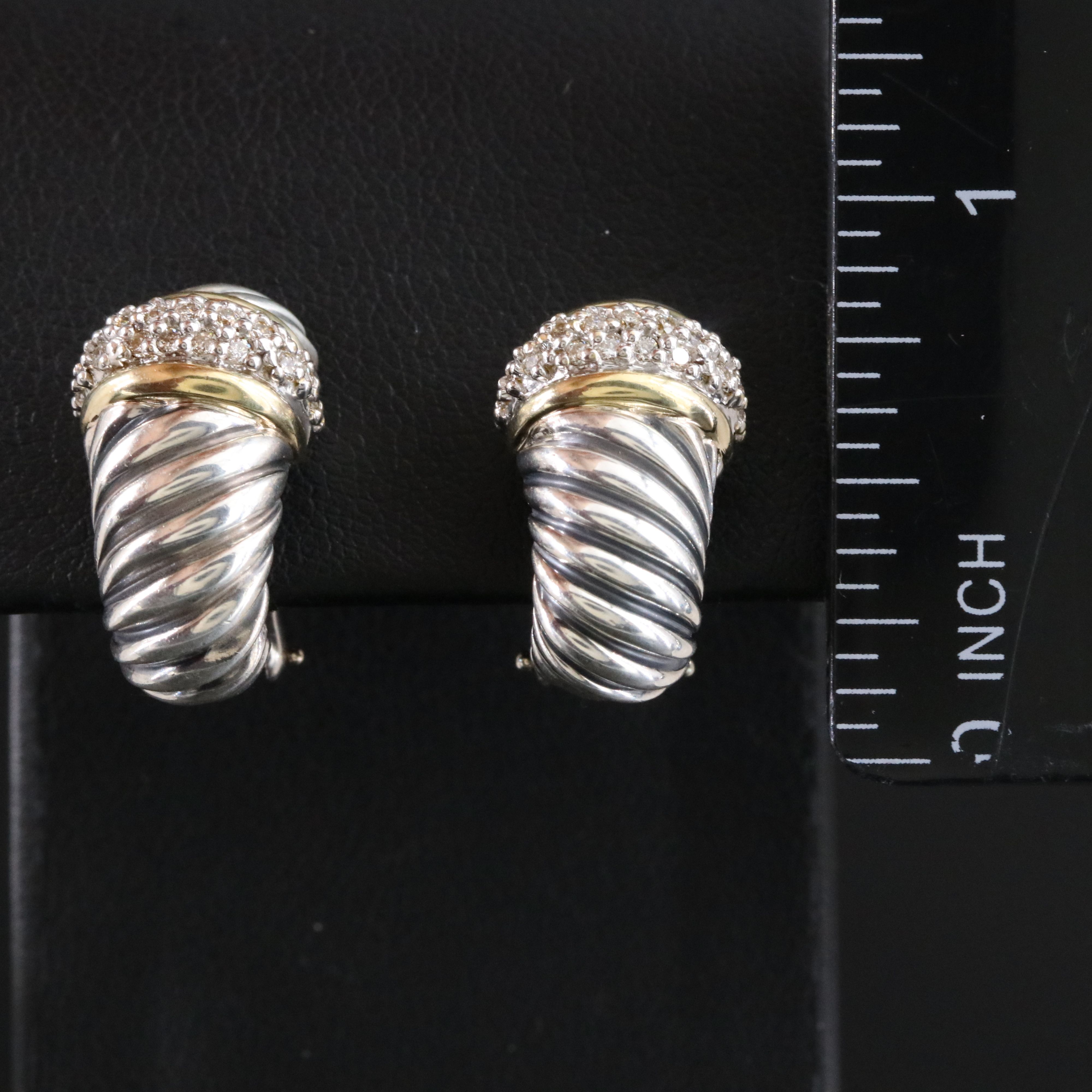 David Yurman Thoroughbred Sterling, 18K and 0.29 CTW Diamond Clip Earrings
