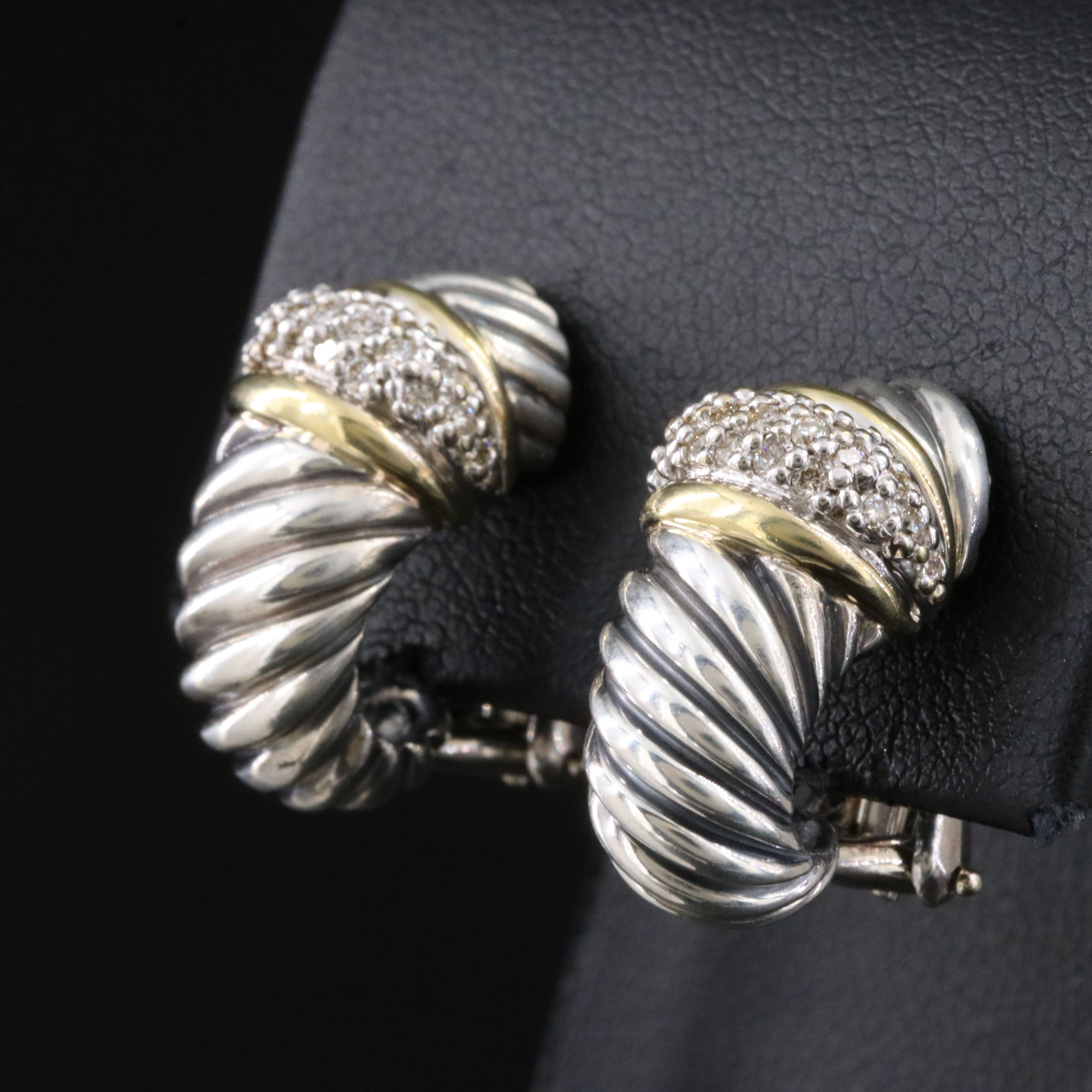 David Yurman Thoroughbred Sterling, 18K and 0.29 CTW Diamond Clip Earrings