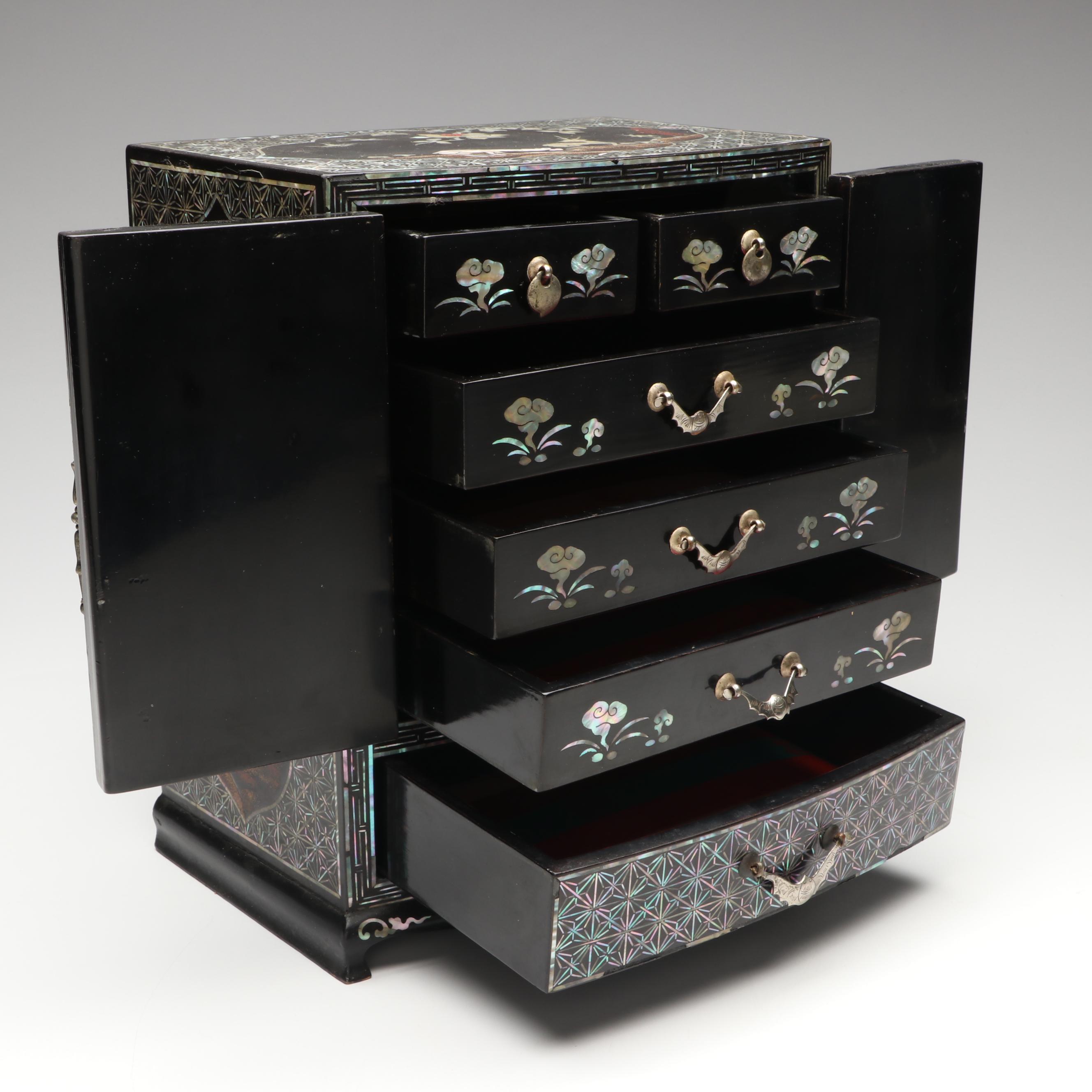 Chinese Abalone Inlaid Black Lacquer Jewelry Box