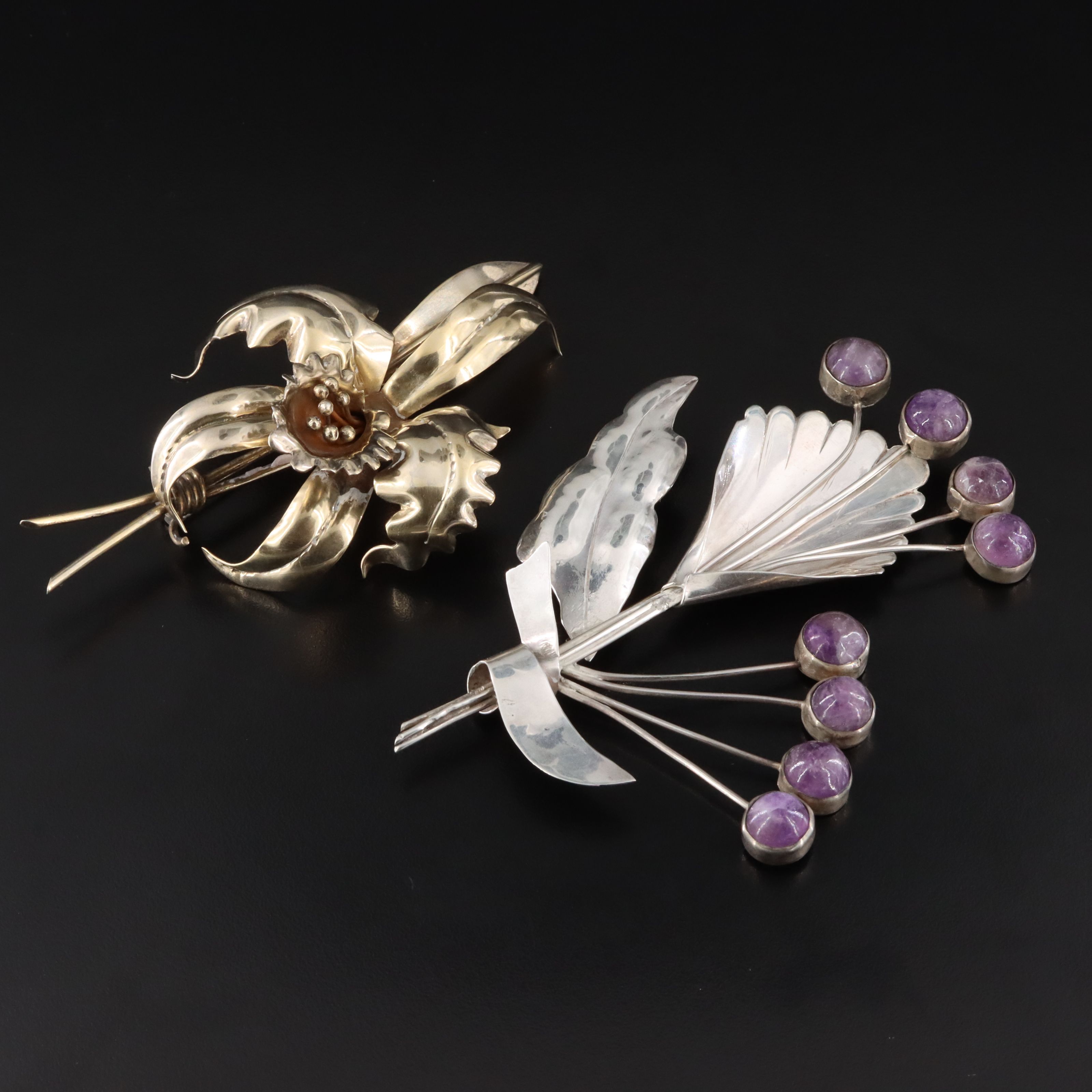 Mexican Sterling Floral Brooches Including Amethyst