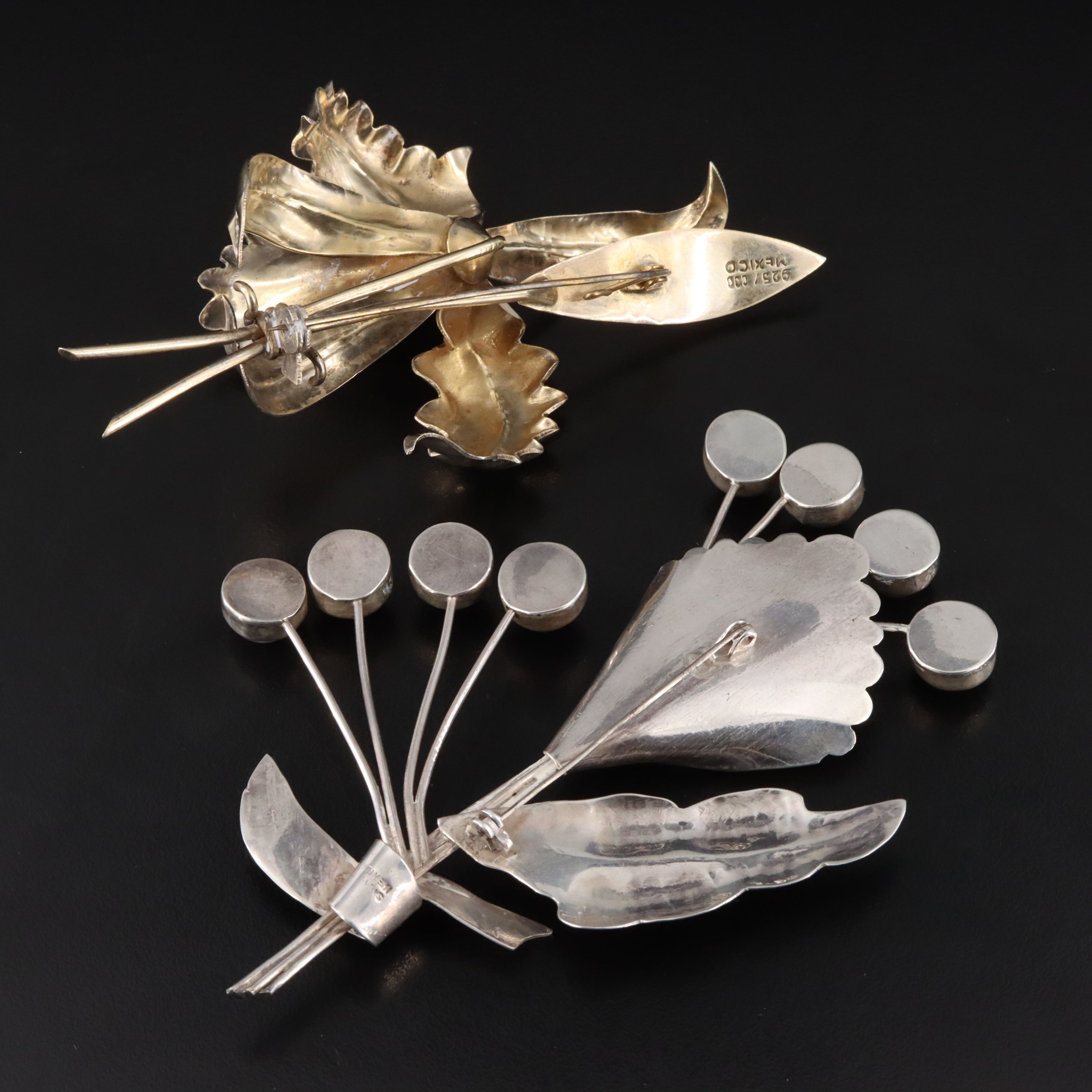 Mexican Sterling Floral Brooches Including Amethyst