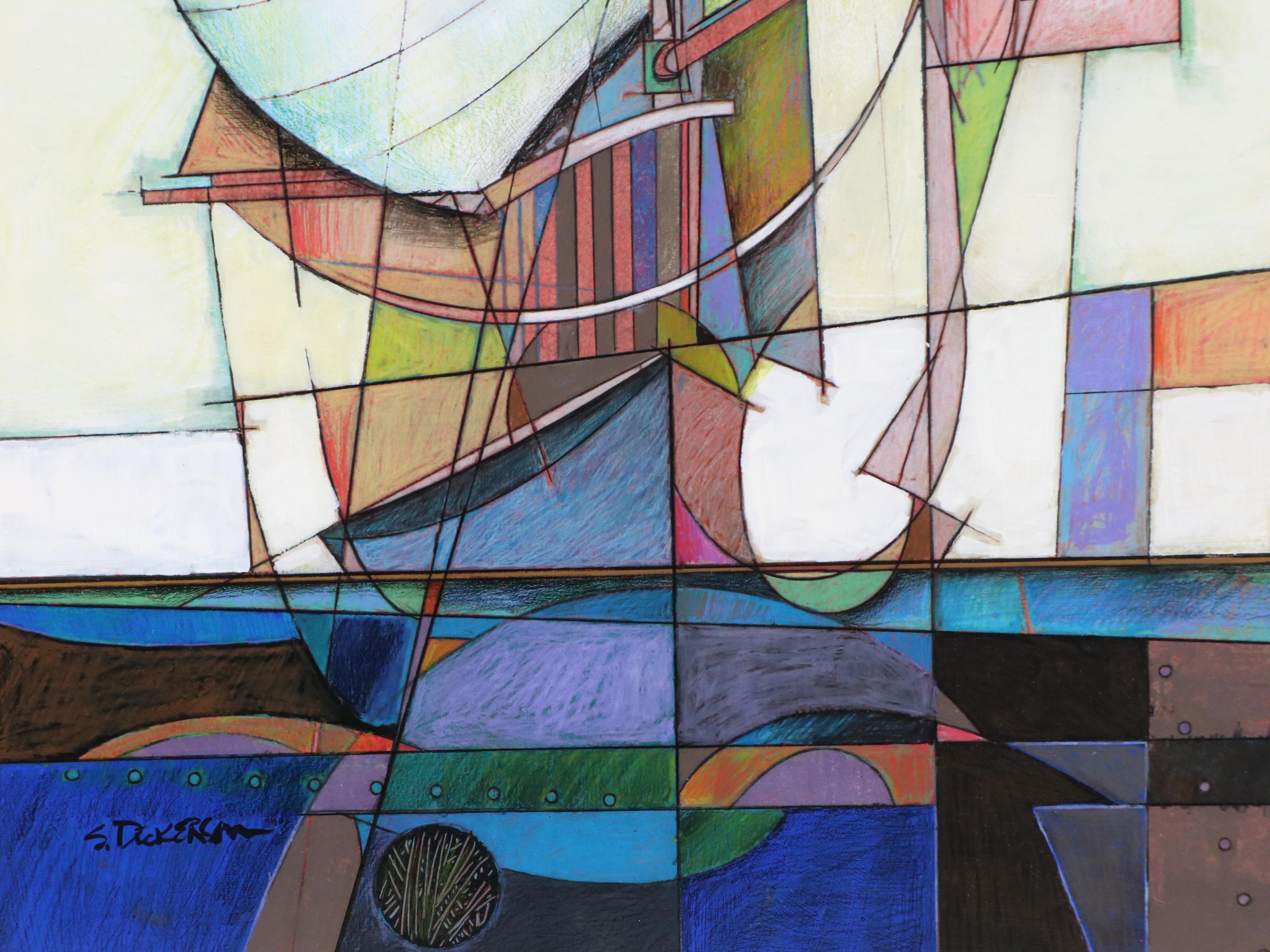 Stephen Dickerson Mixed Media Painting of Abstracted Ship, Late 20th Century