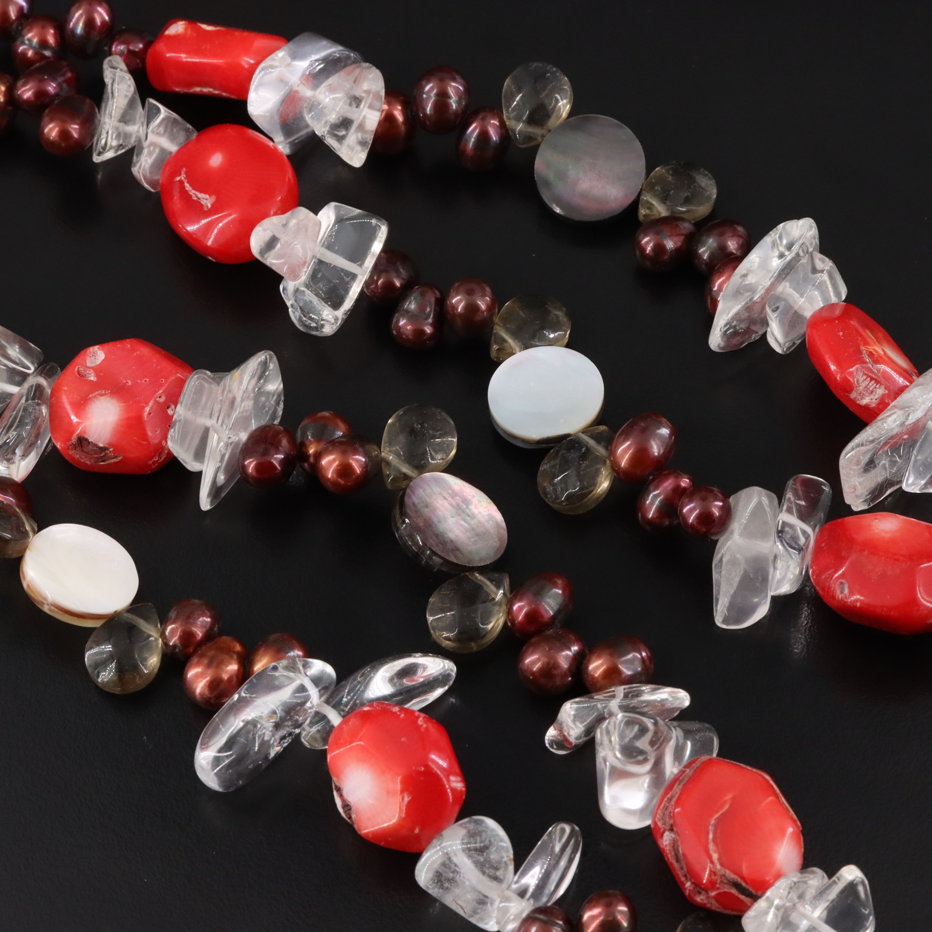 Coral, Pearl and Rock Crystal Quartz Necklace with Earrings