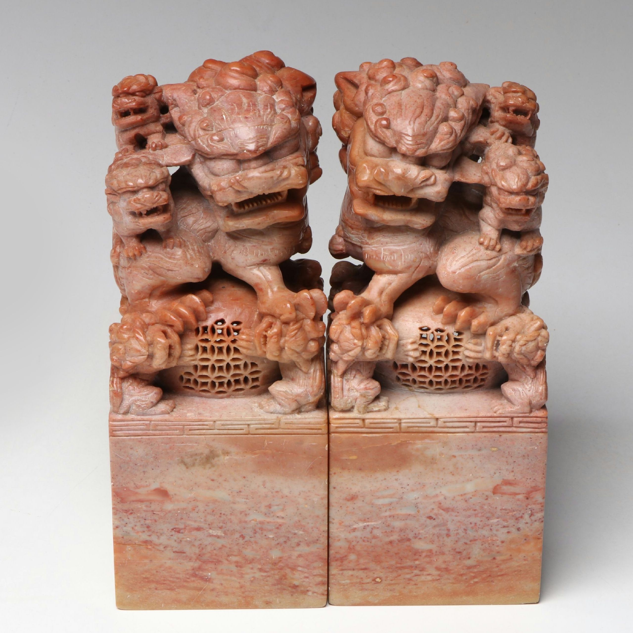 Chinese Carved Pink Marble Guardian Lions