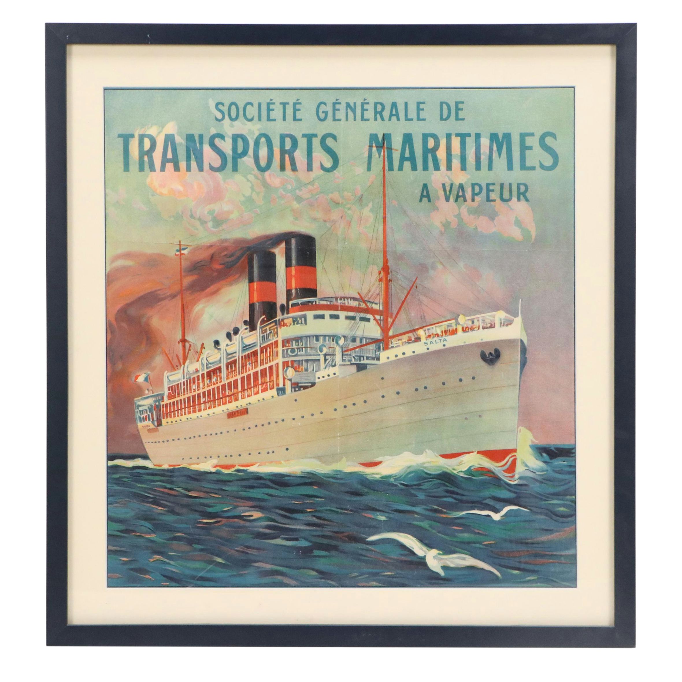 French Color Lithograph Advertisement for Steamship Transport Company