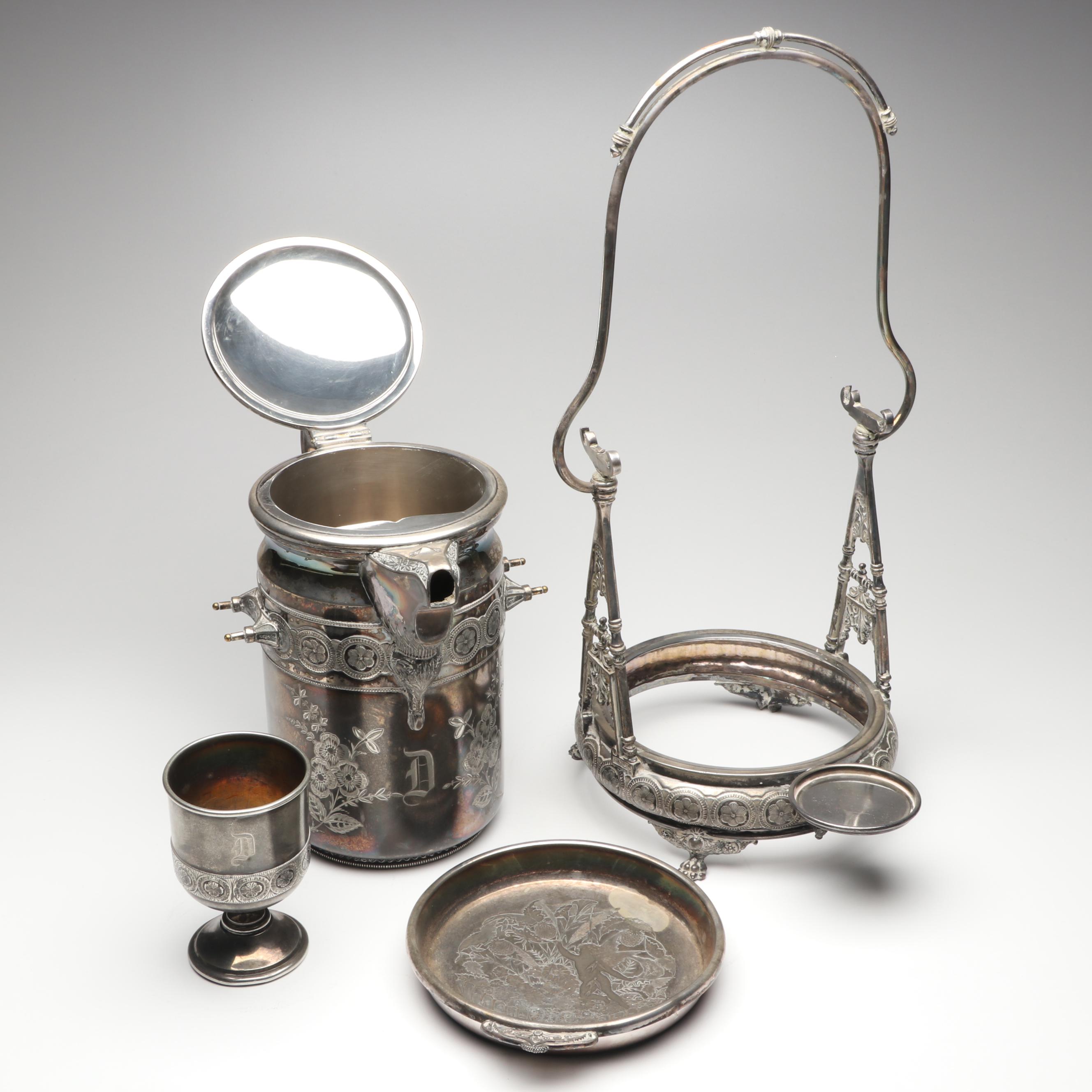 Wilcox Silver Plate Tilting Water Pitcher and Goblet with Other Tableware