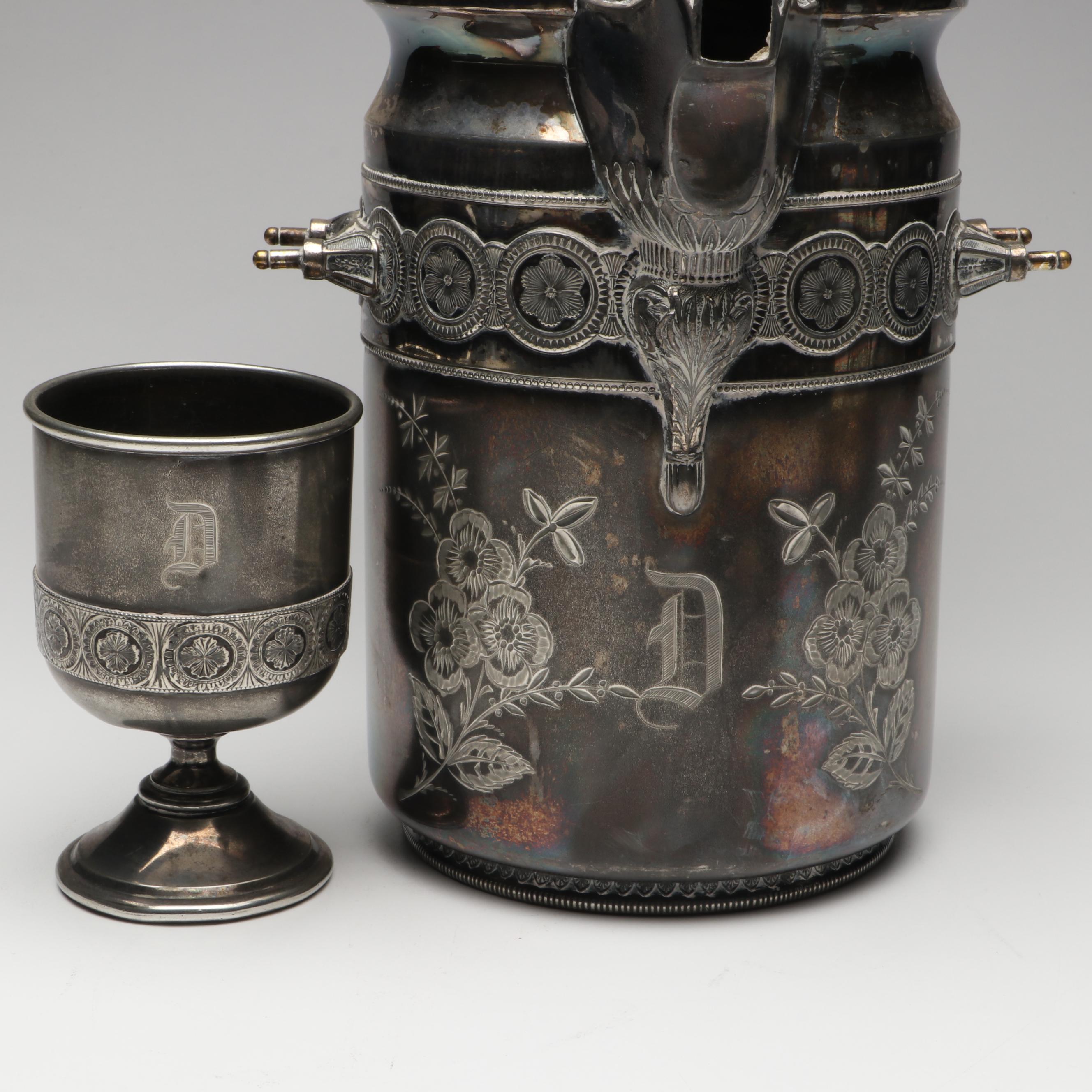 Wilcox Silver Plate Tilting Water Pitcher and Goblet with Other Tableware