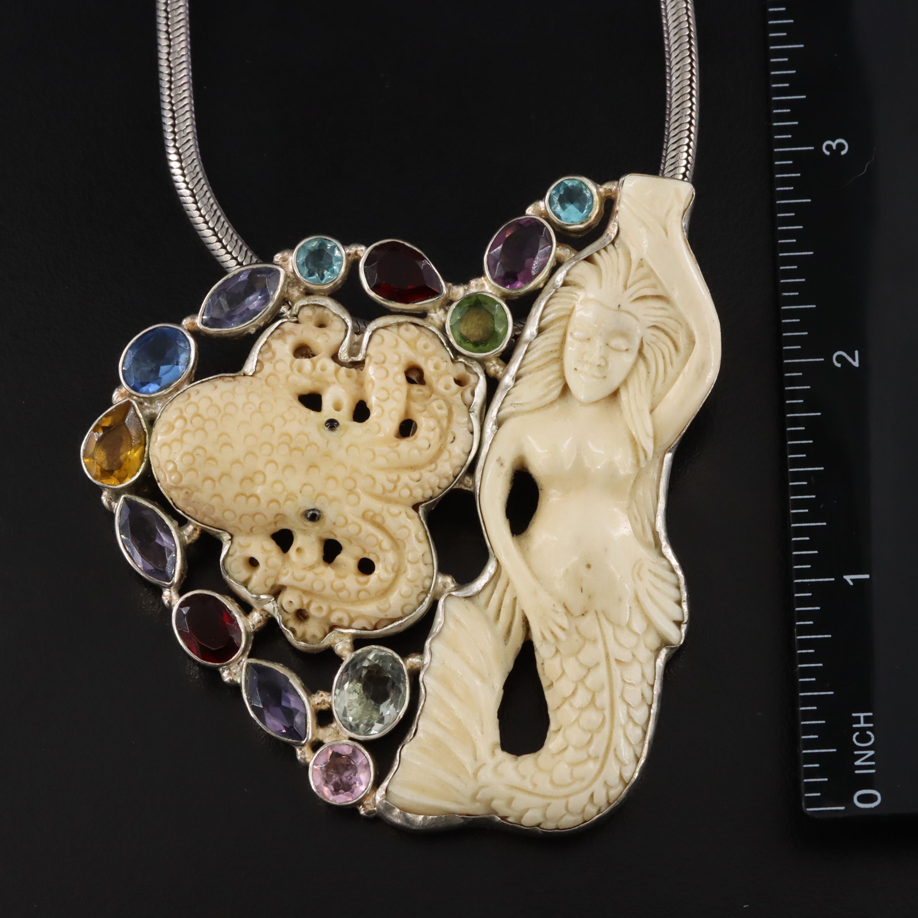 Sterling Bone, Pariolite and Glass Mermaid and Octopus Pendant Necklace
