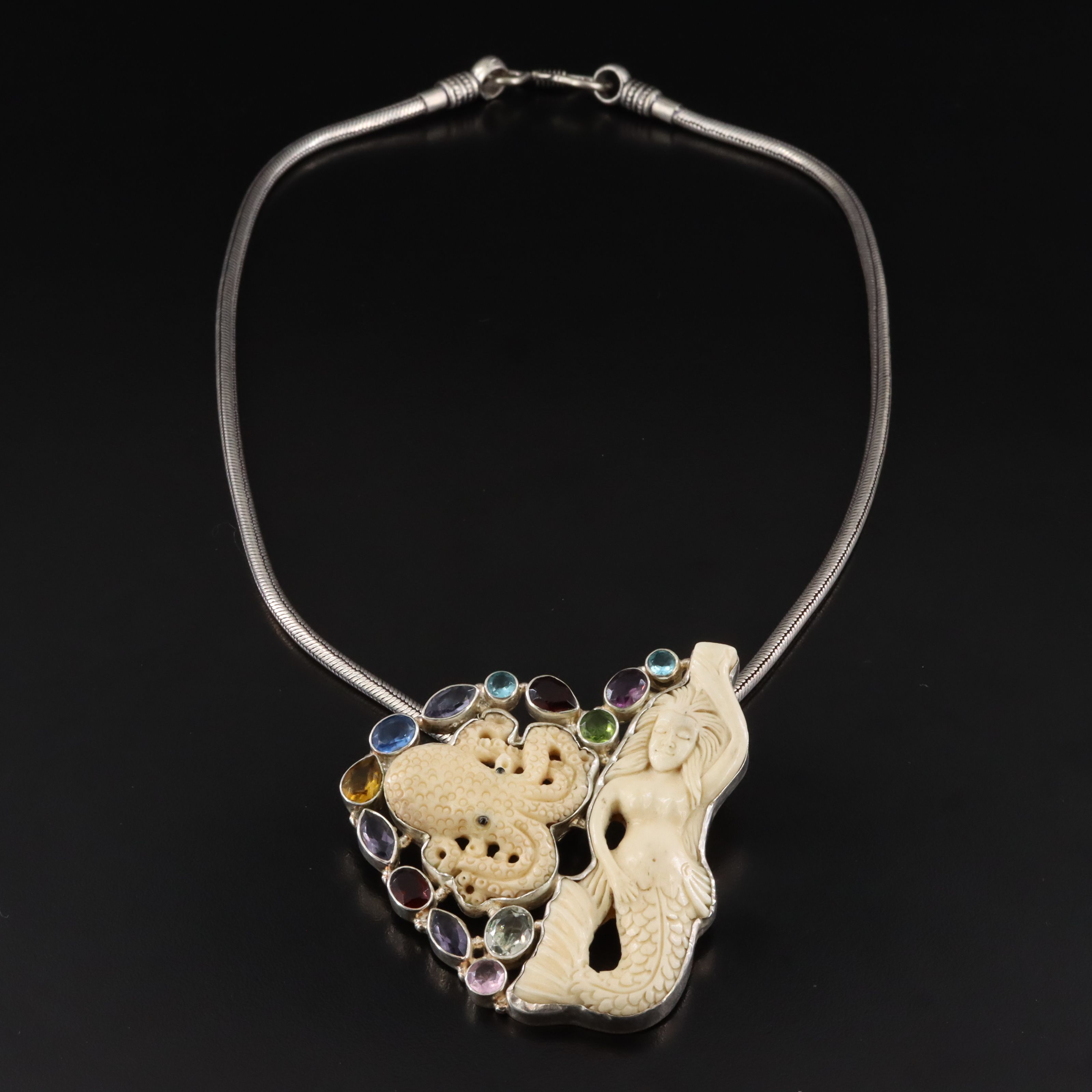 Sterling Bone, Pariolite and Glass Mermaid and Octopus Pendant Necklace