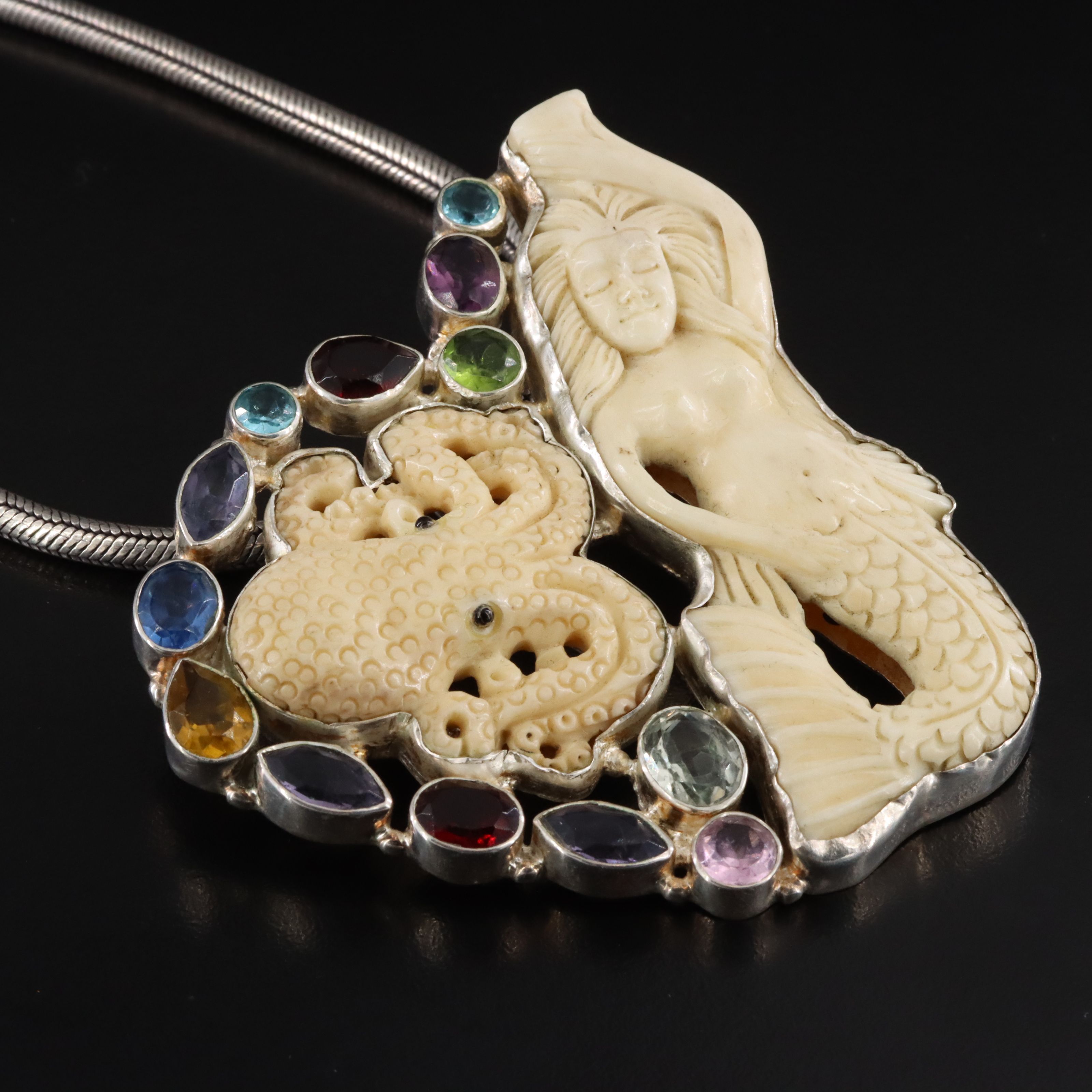 Sterling Bone, Pariolite and Glass Mermaid and Octopus Pendant Necklace
