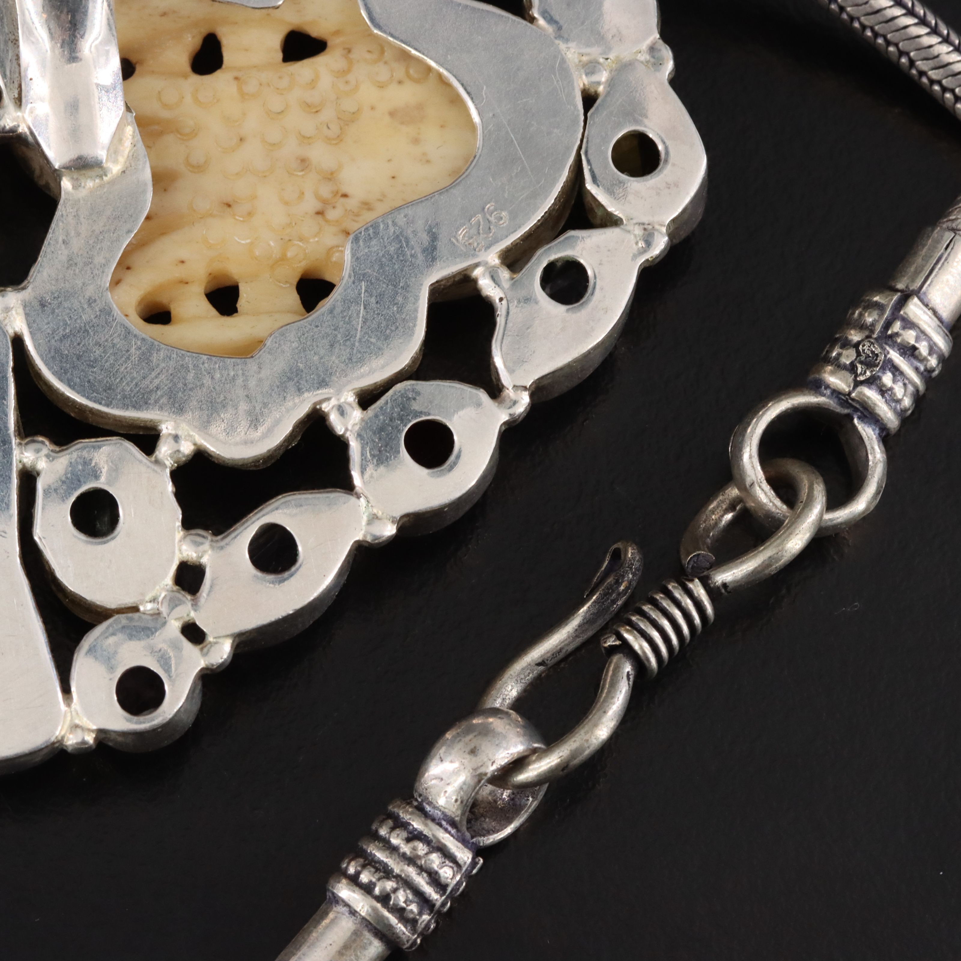 Sterling Bone, Pariolite and Glass Mermaid and Octopus Pendant Necklace