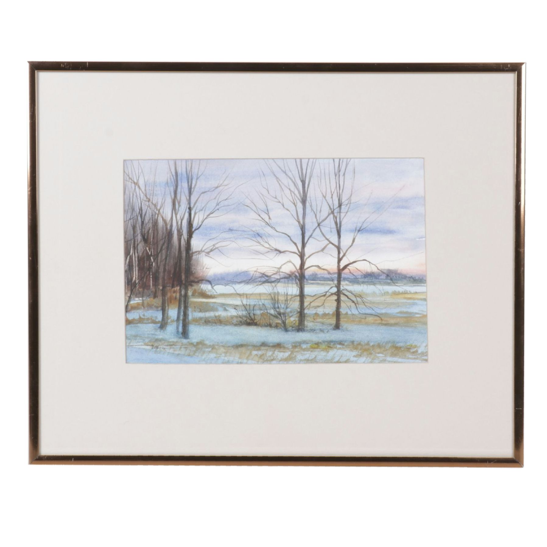 James DeVore Winter Landscape Watercolor Painting with Barren Trees