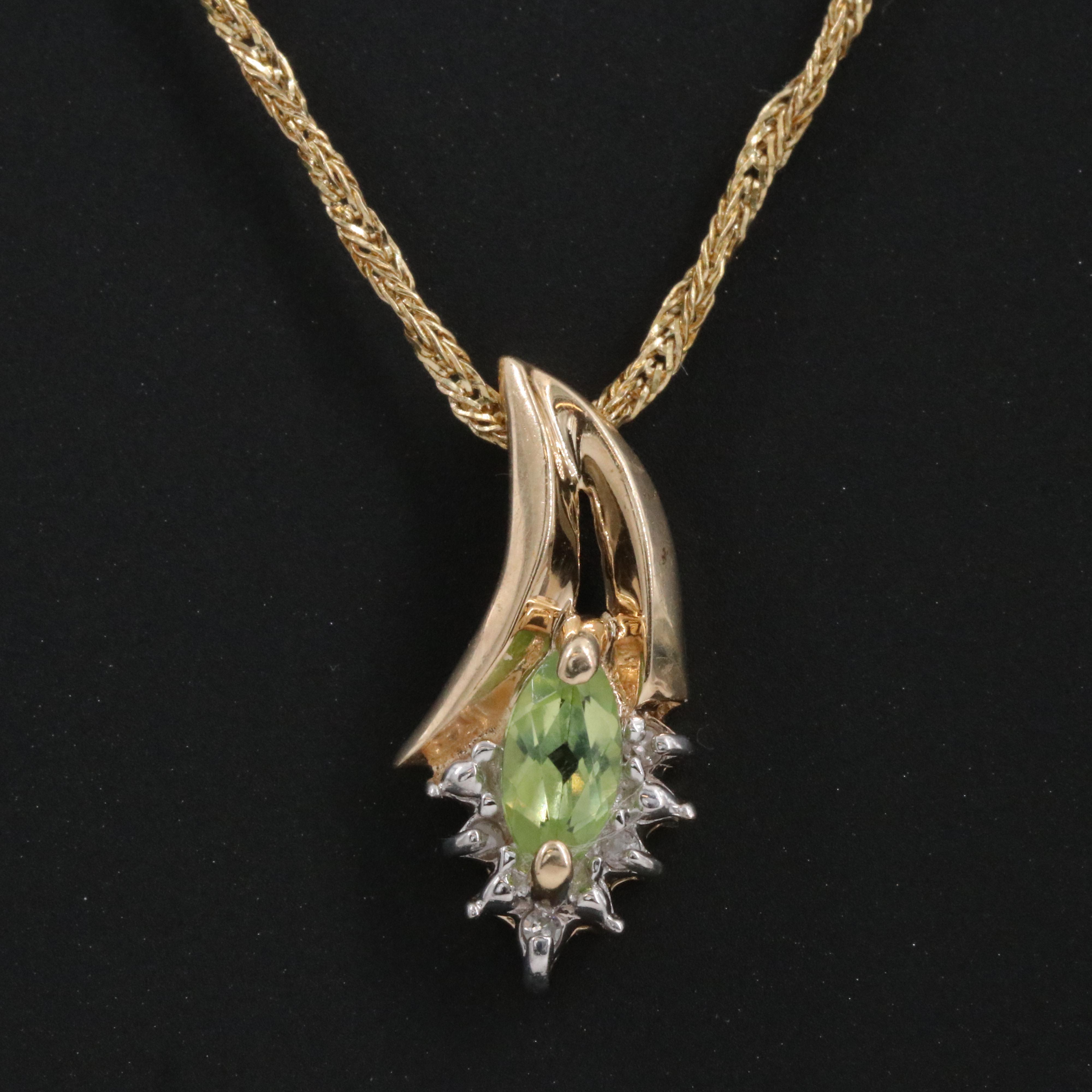 10K Peridot and Diamond Pendant on 14K Chain Necklace