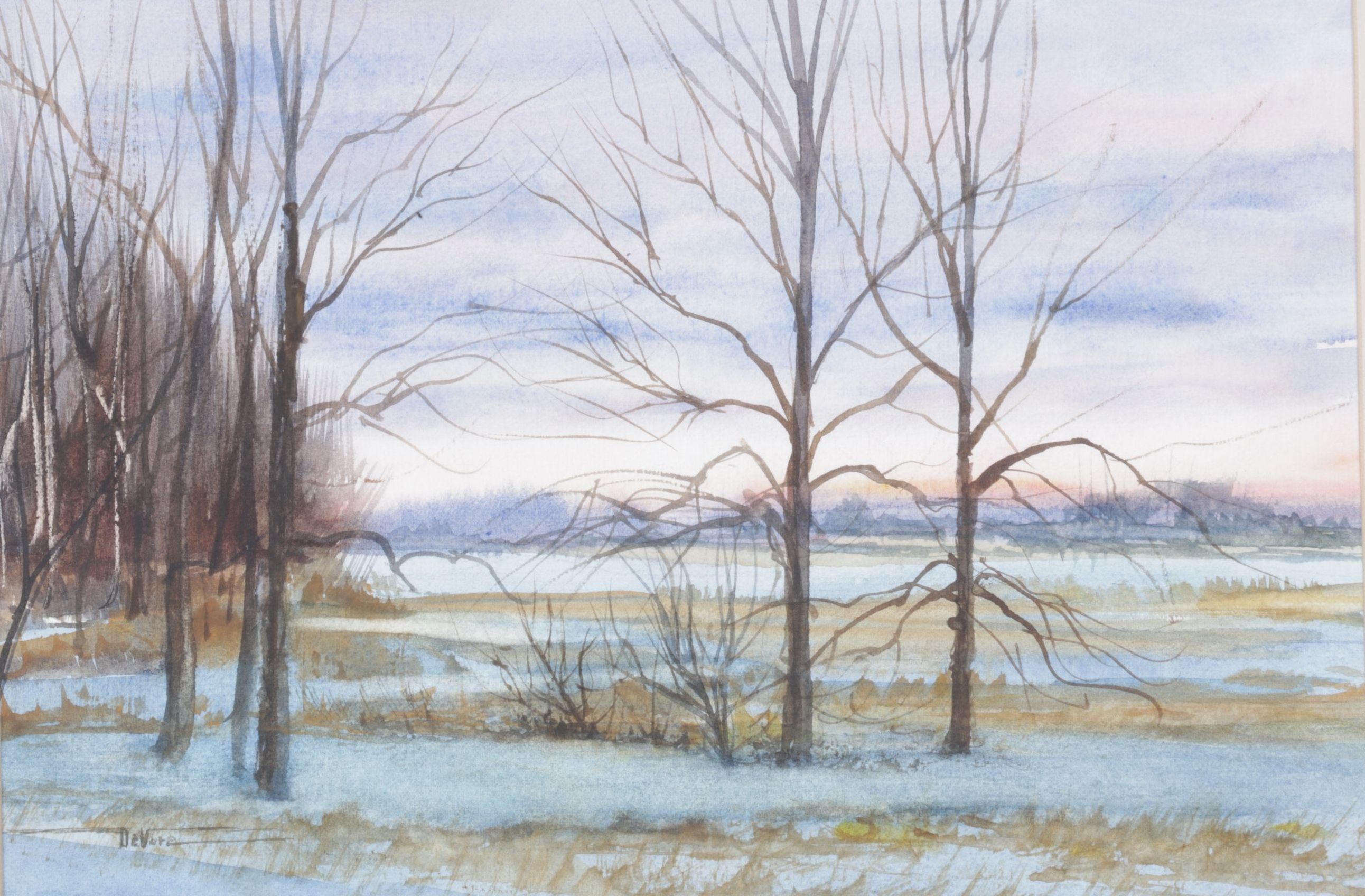 James DeVore Winter Landscape Watercolor Painting with Barren Trees