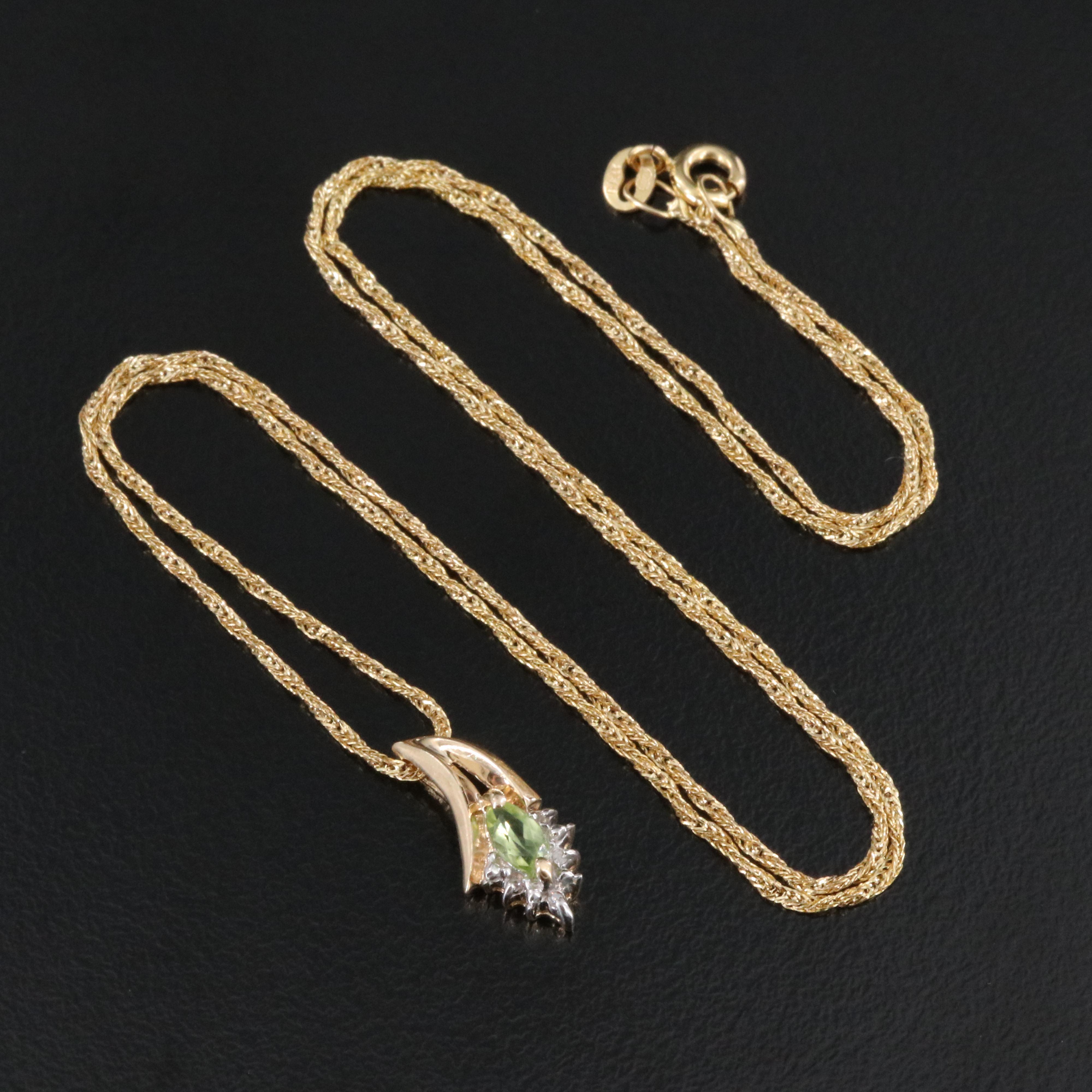 10K Peridot and Diamond Pendant on 14K Chain Necklace