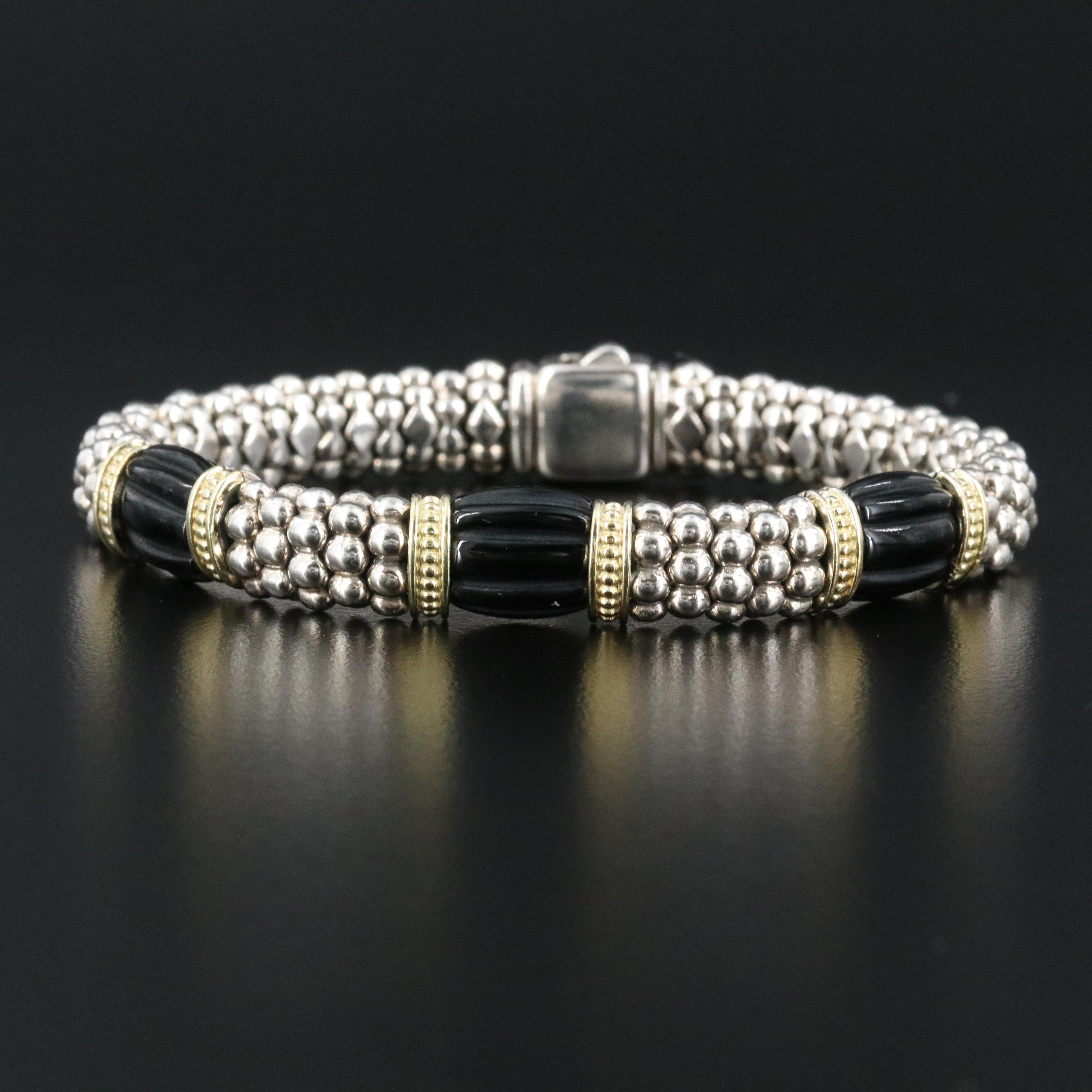 Caviar Sterling and Black Onyx Fluted Station Bracelet with 18K Accents