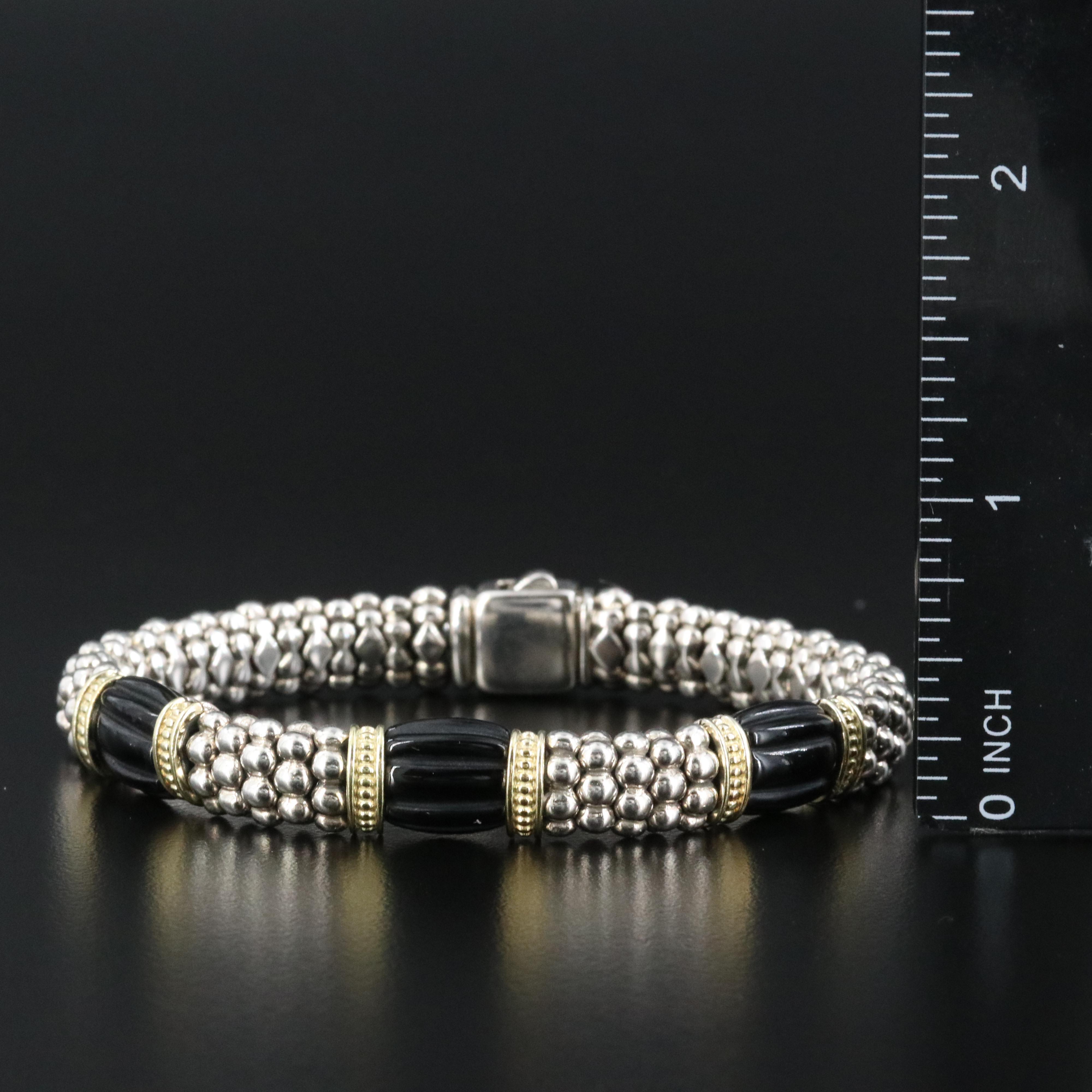 Caviar Sterling and Black Onyx Fluted Station Bracelet with 18K Accents