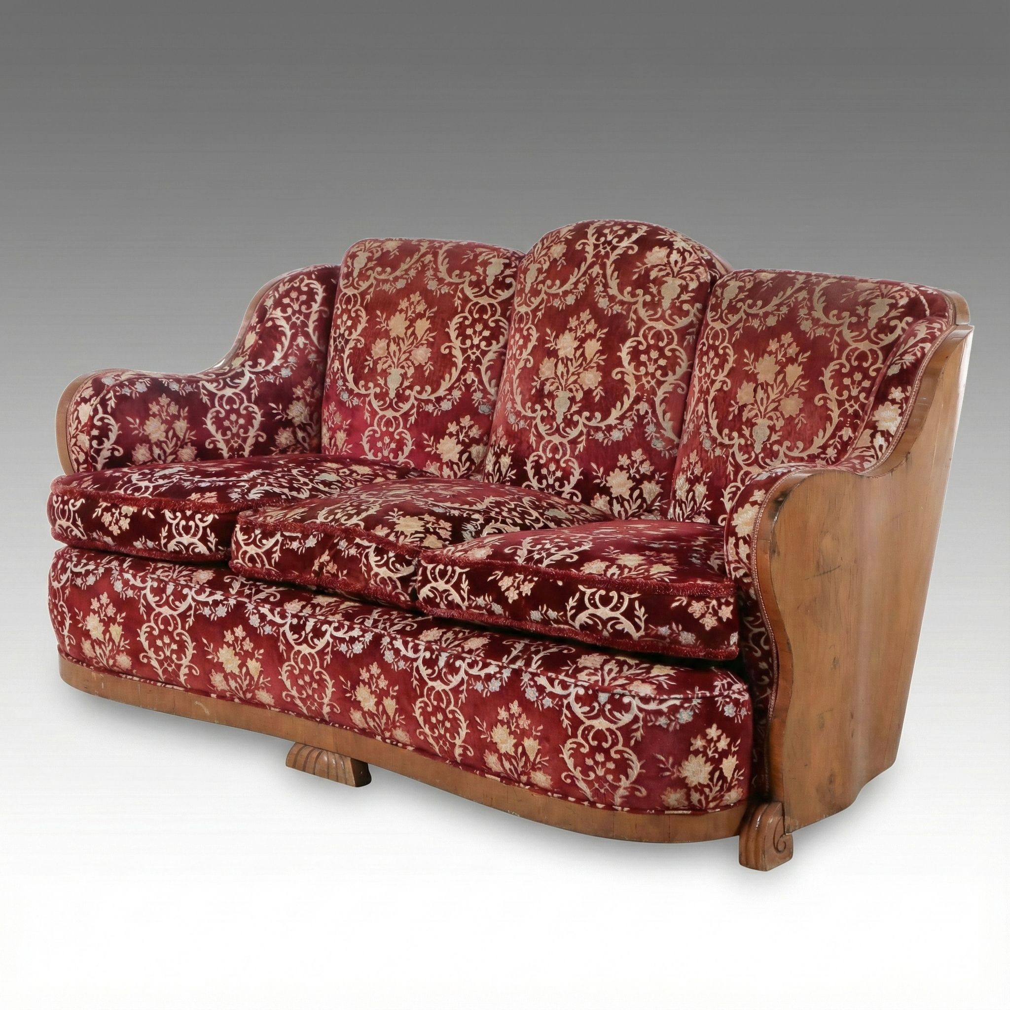 Art Deco Brocade Walnut and Brocade Upholstered Cloud-Back Sofa